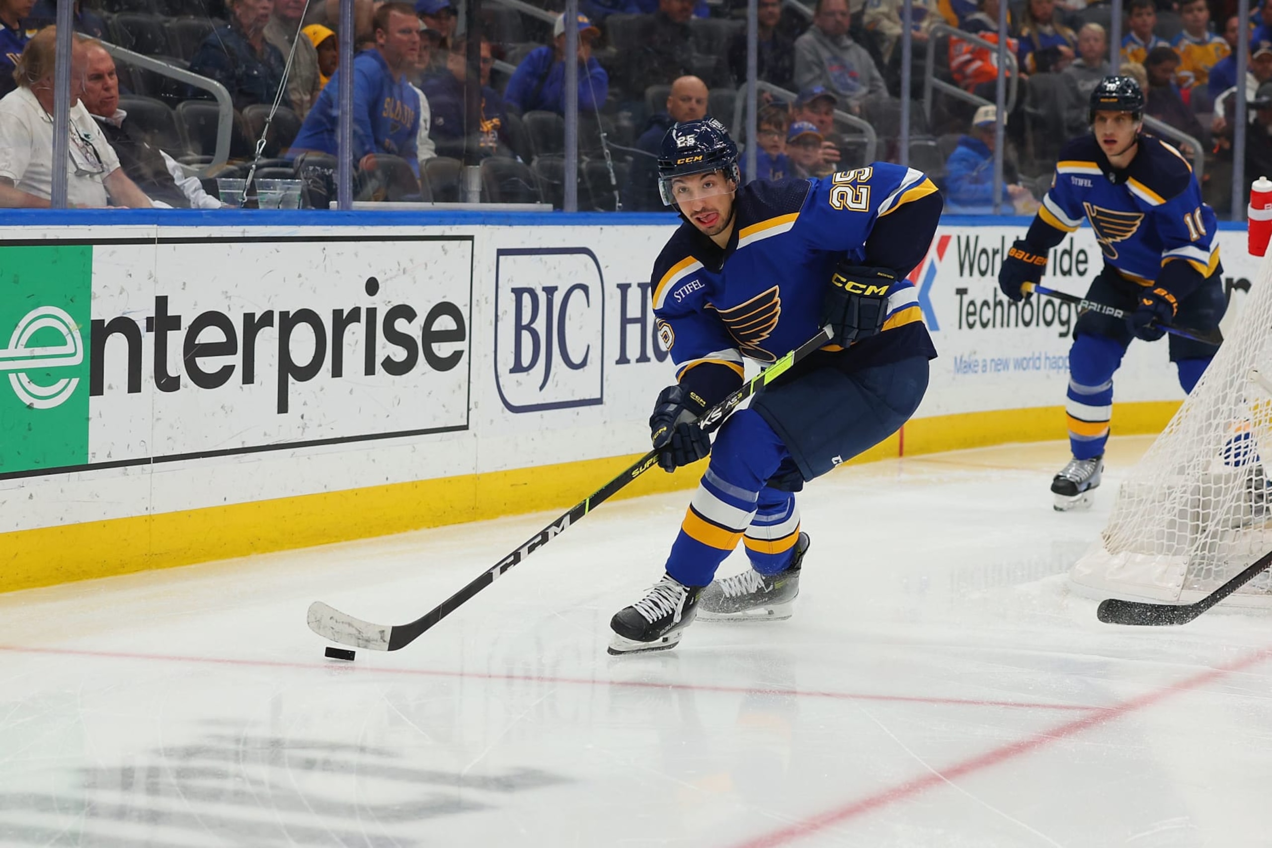 ST LOUIS, MISSOURI - APRIL 1: Jordan Kyrou #25 of the St. Louis Blues skates against the Edmonton Oilers at Enterprise Center on April 1, 2024 in St Louis, Missouri. (Photo by Dilip Vishwanat/Getty Images)