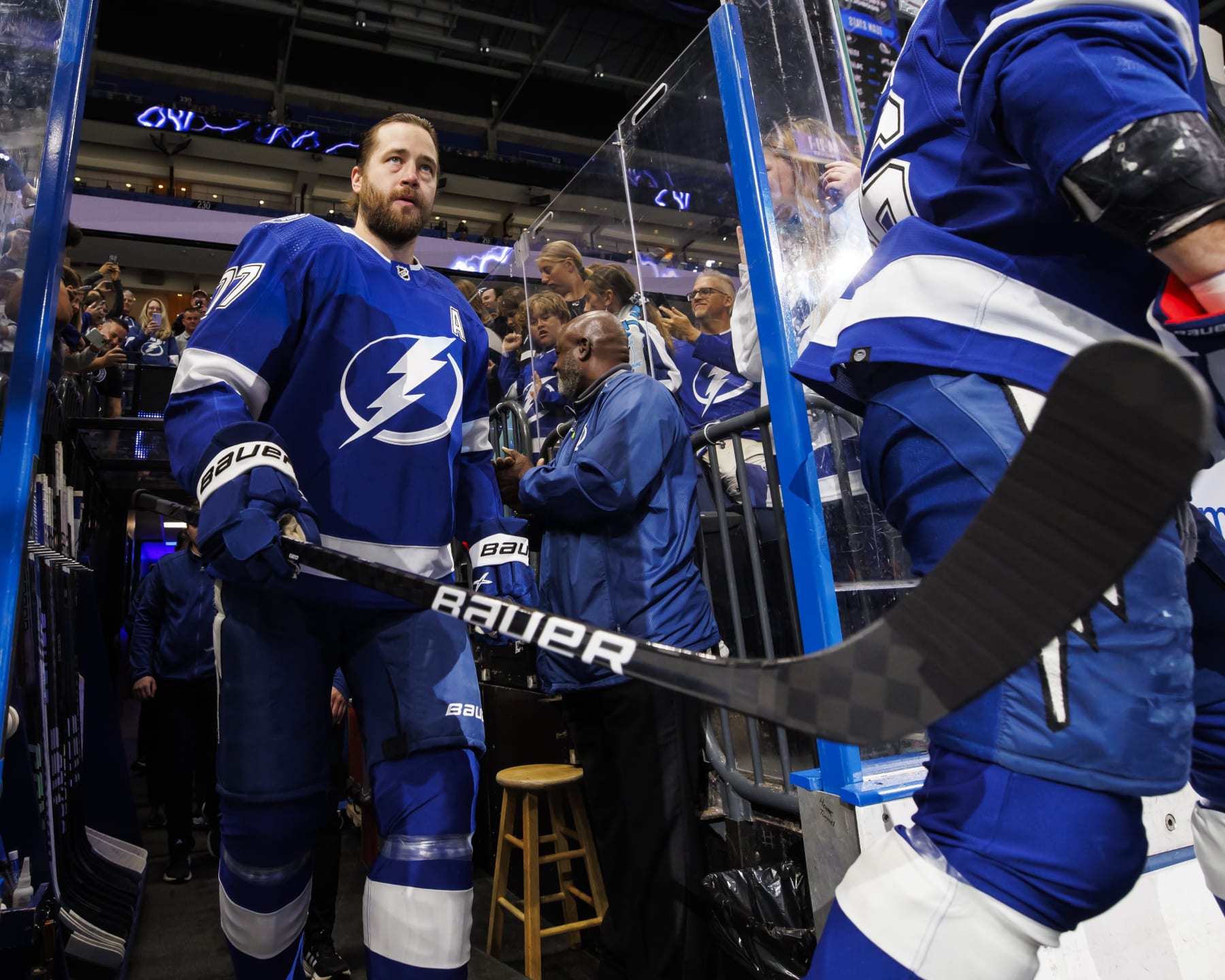 TAMPA, FL - APRIL 11: Victor Hedman #77 of the Tampa Bay Lightning gets ready for the game against the Ottawa Senators at Amalie Arena on April 11, 2024 in Tampa, Florida. (Photo by Mark LoMoglio/NHLI via Getty Images)