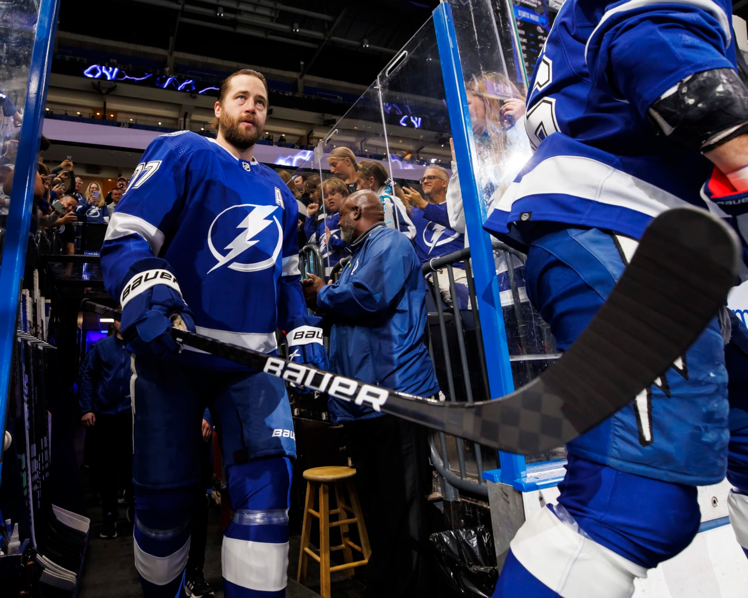 TAMPA, FL - APRIL 11: Victor Hedman #77 of the Tampa Bay Lightning gets ready for the game against the Ottawa Senators at Amalie Arena on April 11, 2024 in Tampa, Florida. (Photo by Mark LoMoglio/NHLI via Getty Images)