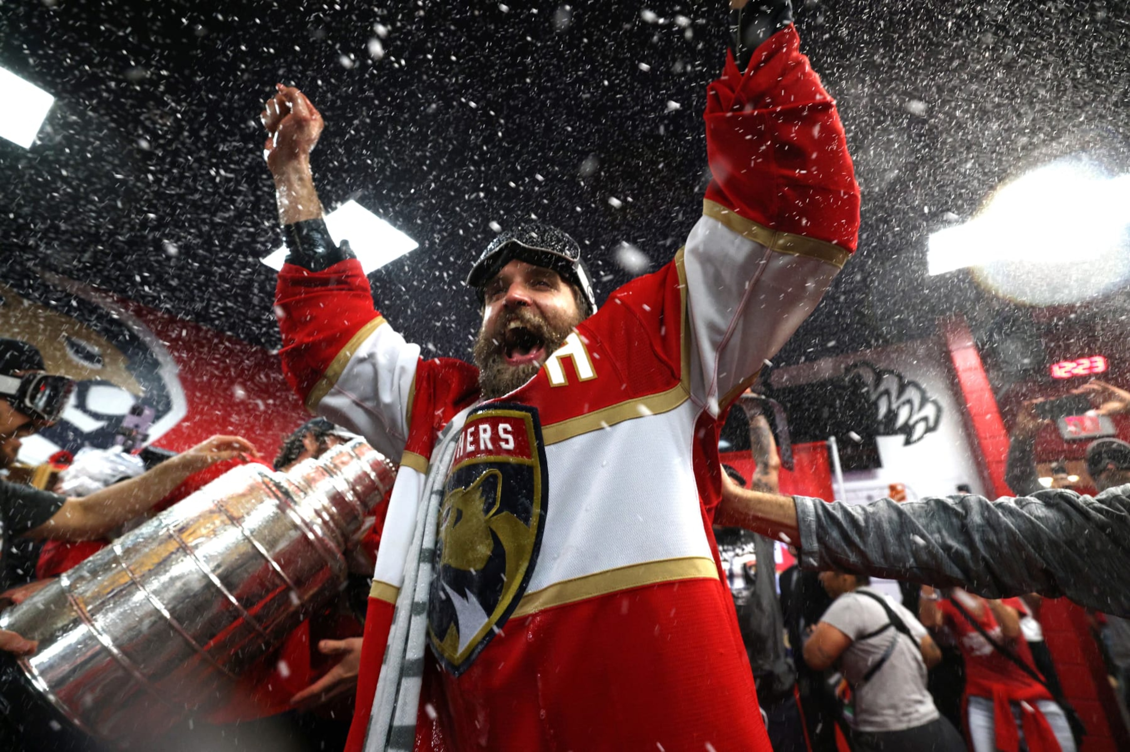 SUNRISE, FLORIDA - JUNE 24: Aaron Ekblad #5 of the Florida Panthers celebrates with the Stanley Cup in the locker room after Game Seven of the 2024 Stanley Cup Final between the Edmonton Oilers and the Florida Panthers at Amerant Bank Arena on June 24, 2024 in Sunrise, Florida. (Photo by Dave Sandford/NHLI via Getty Images) SUNRISE, FLORIDA - JUNE 24: Aaron Ekblad #5 of the Florida Panthers celebrates with the Stanley Cup in the locker room after Game Seven of the 2024 Stanley Cup Final between the Edmonton Oilers and the Florida Panthers at Amerant Bank Arena on June 24, 2024 in Sunrise, Florida. (Photo by Dave Sandford/NHLI via Getty Images)