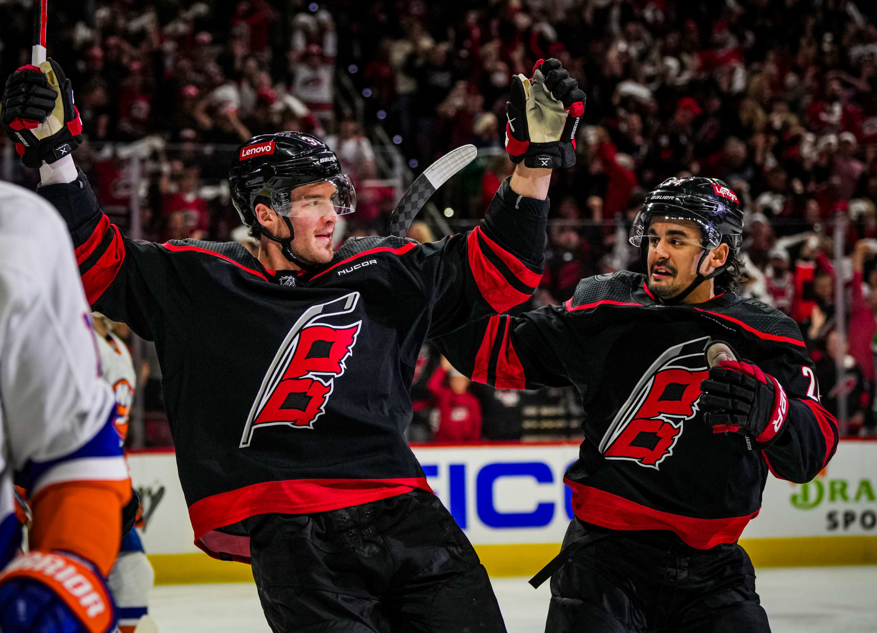 RALEIGH, NORTH CAROLINA - APRIL 30:  Andrei Svechnikov #37 of the Carolina Hurricanes celebrates after a goal during the first period against the New York Islanders in Game Five of the First Round of the 2024 Stanley Cup Playoffs at PNC Arena on April 30, 2024 in Raleigh, North Carolina. (Photo by Josh Lavallee/NHLI via Getty Images)