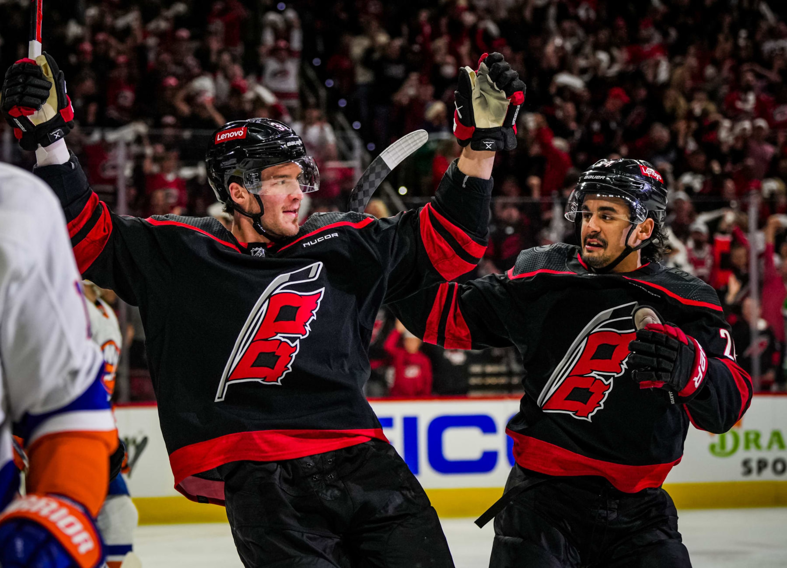 RALEIGH, NORTH CAROLINA - APRIL 30:  Andrei Svechnikov #37 of the Carolina Hurricanes celebrates after a goal during the first period against the New York Islanders in Game Five of the First Round of the 2024 Stanley Cup Playoffs at PNC Arena on April 30, 2024 in Raleigh, North Carolina. (Photo by Josh Lavallee/NHLI via Getty Images)