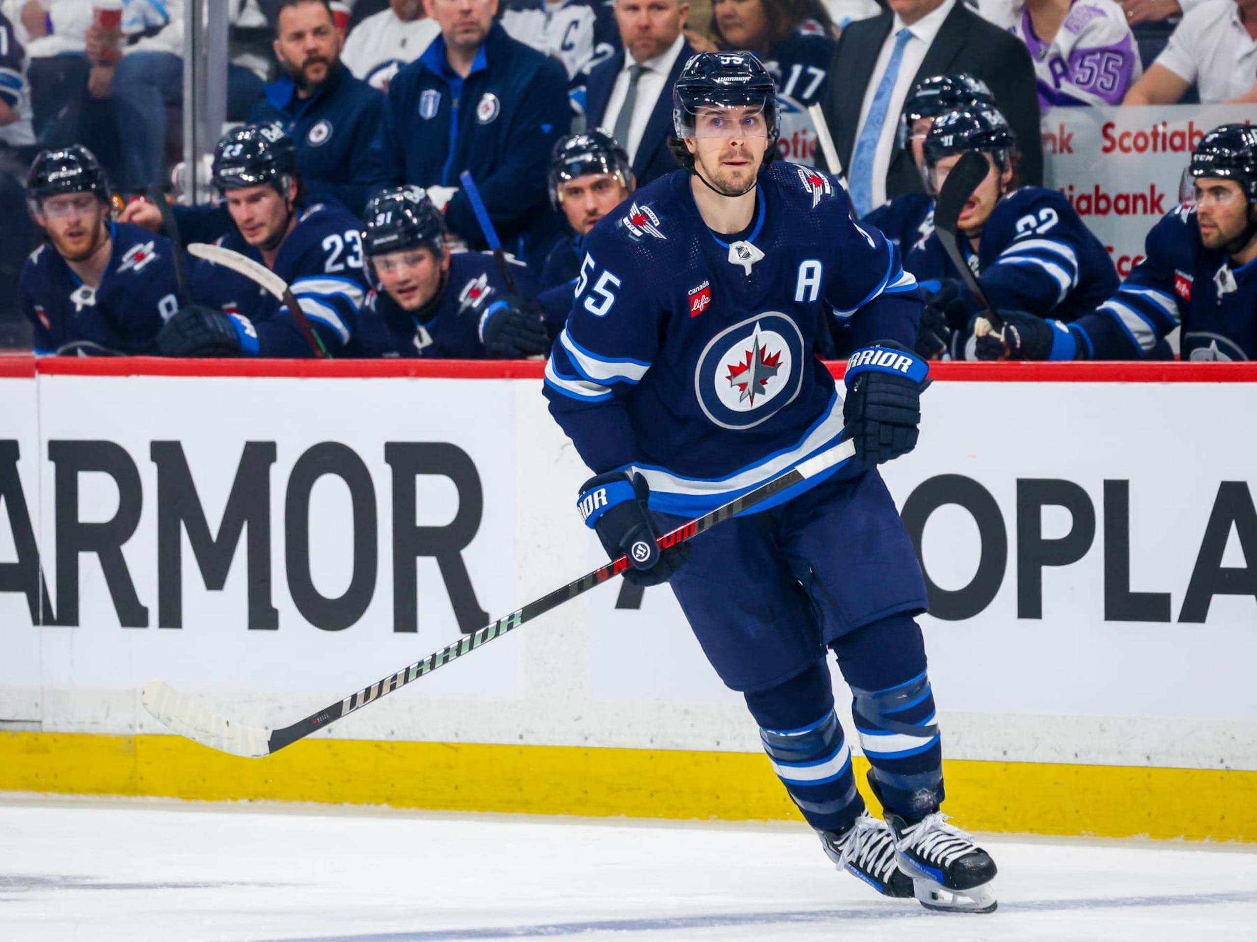 WINNIPEG, CANADA - APRIL 30: Mark Scheifele #55 of the Winnipeg Jets skates during first period action against the Colorado Avalanche in Game Five of the First Round of the 2024 Stanley Cup Playoffs at Canada Life Centre on April 30, 2024 in Winnipeg, Manitoba, Canada. (Photo by Jonathan Kozub/NHLI via Getty Images)