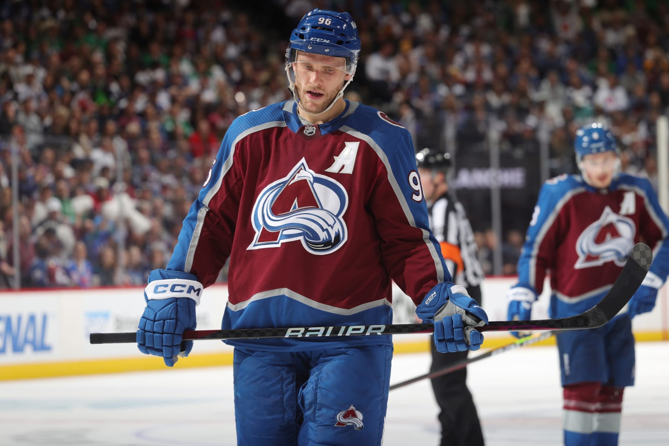 DENVER, COLORADO - MAY 13: Mikko Rantanen #96 of the Colorado Avalanche skates against the Dallas Stars in Game Four of the Second Round of the 2024 Stanley Cup Playoffs at Ball Arena on May 13, 2024 in Denver, Colorado. (Photo by Michael Martin/NHLI via Getty Images)