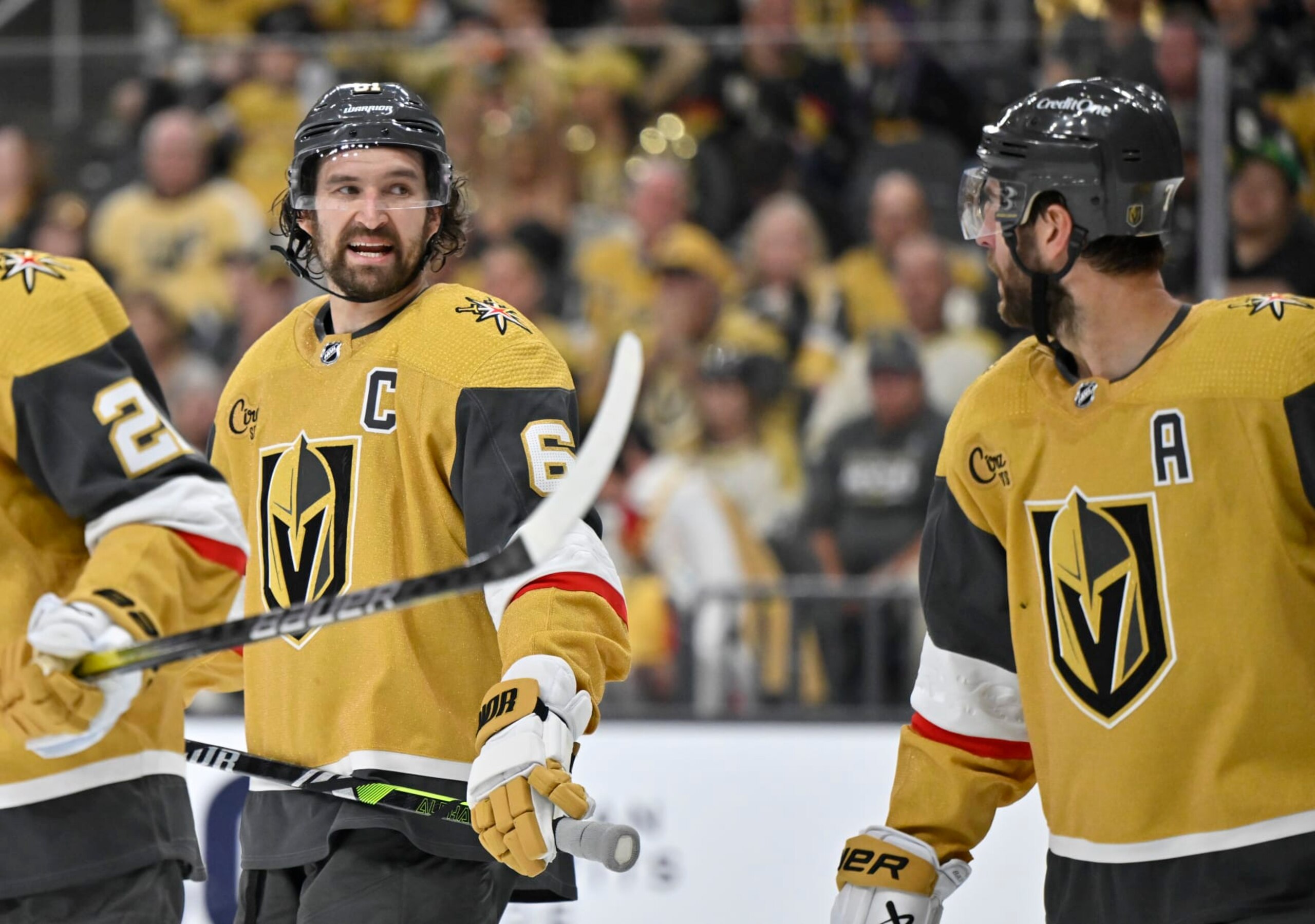 LAS VEGAS, NEVADA - APRIL 27: Mark Stone #61 of the Vegas Golden Knights talks with Alex Pietrangelo #7 during overtime against the Dallas Stars in Game Three of the First Round of the 2024 Stanley Cup Playoffs at T-Mobile Arena on April 27, 2024 in Las Vegas, Nevada.  (Photo by David Becker/NHLI via Getty Images)