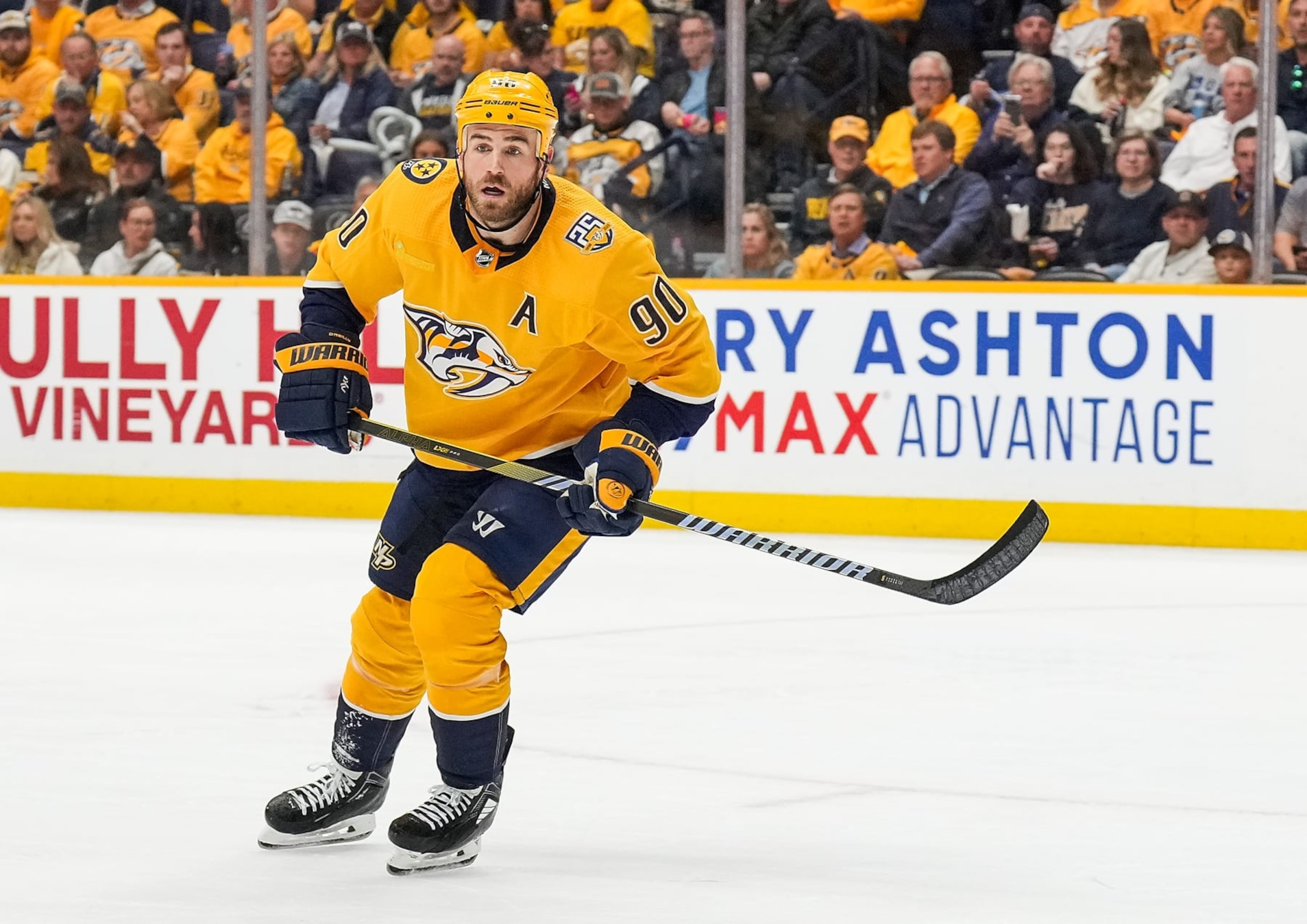 NASHVILLE, TENNESSEE - APRIL 28: Ryan O'Reilly #90 of the Nashville Predators skates against the Vancouver Canucks in Game Four of the First Round of the 2024 Stanley Cup Playoffs at Bridgestone Arena on April 28, 2024 in Nashville, Tennessee. (Photo by John Russell/NHLI via Getty Images)