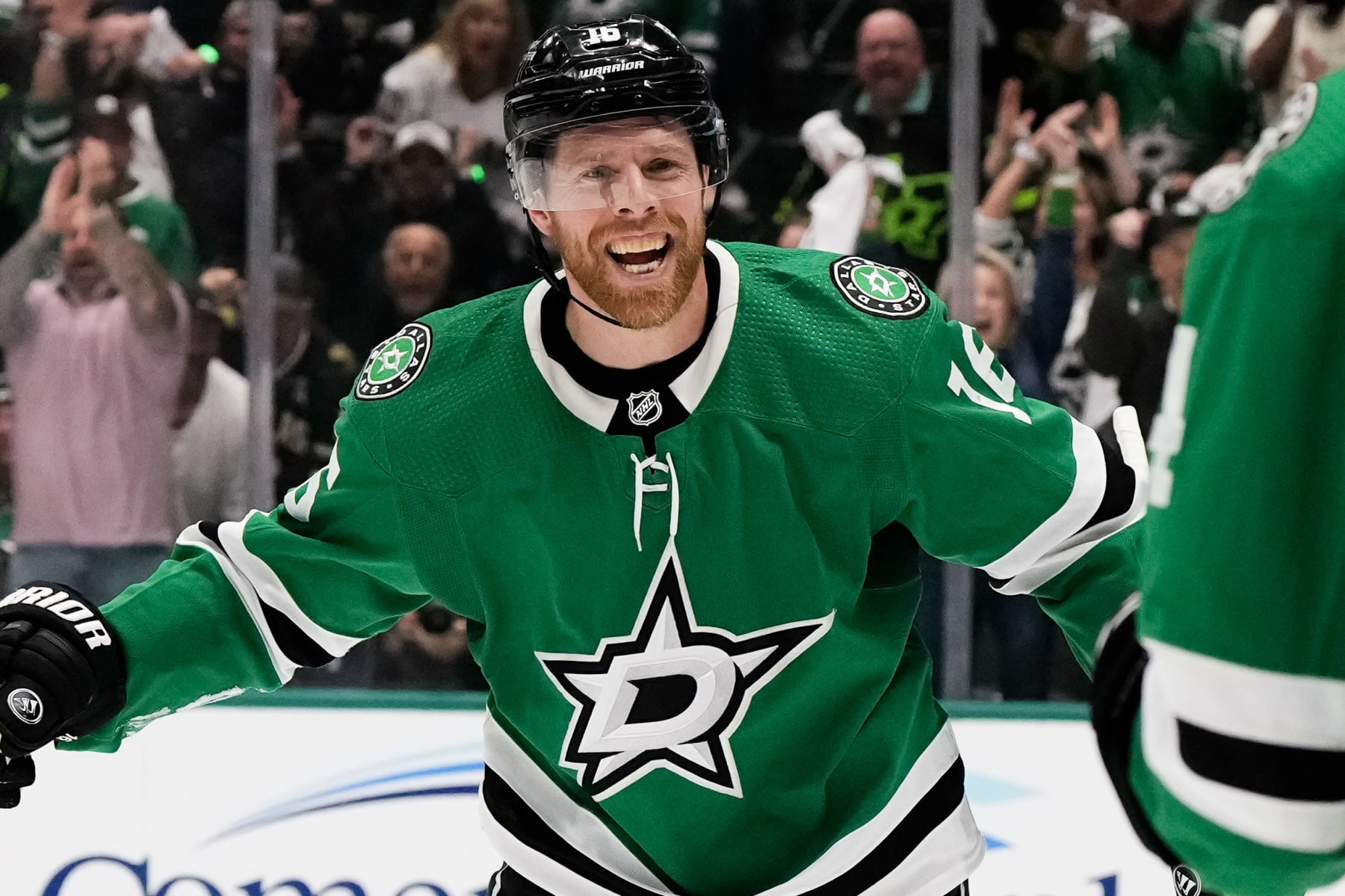 DALLAS, TEXAS - MAY 09: Joe Pavelski #16 of the Dallas Stars celebrates the goal scored against the Colorado Avalanche by Miro Heiskanen during the first period in Game Two of the Second Round of the 2024 Stanley Cup Playoffs at American Airlines Center on May 09, 2024 in Dallas, Texas.  (Photo by Sam Hodde/Getty Images)