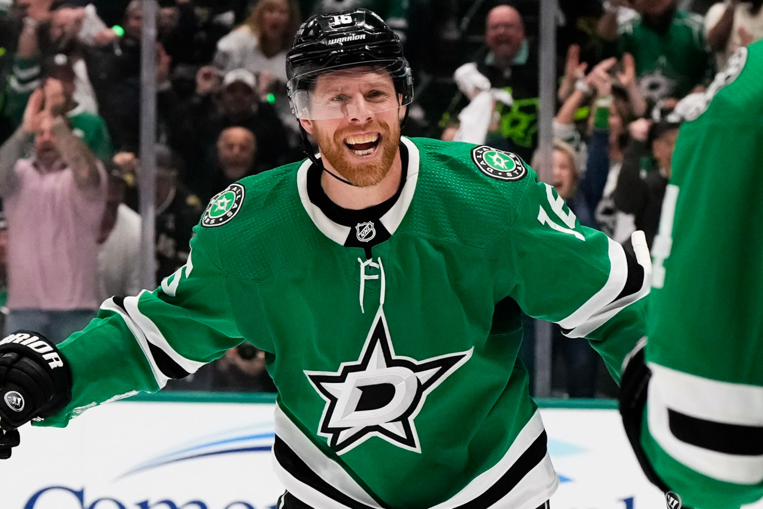 DALLAS, TEXAS - MAY 09: Joe Pavelski #16 of the Dallas Stars celebrates the goal scored against the Colorado Avalanche by Miro Heiskanen during the first period in Game Two of the Second Round of the 2024 Stanley Cup Playoffs at American Airlines Center on May 09, 2024 in Dallas, Texas.  (Photo by Sam Hodde/Getty Images)