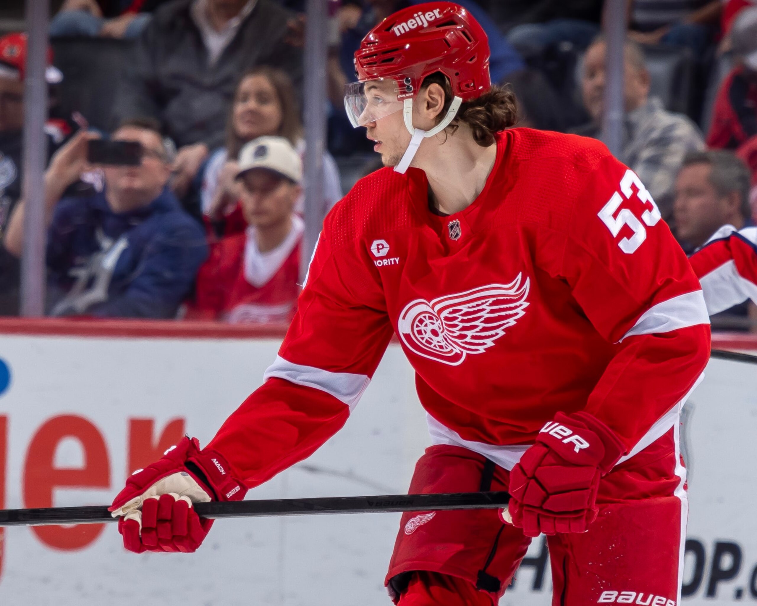 DETROIT, MI - APRIL 09: Moritz Seider #53 of the Detroit Red Wings follows the play against the Washington Capitals during the second period at Little Caesars Arena on April 9, 2024 in Detroit, Michigan. Washington defeated Detroit 2-1. (Photo by Dave Reginek/NHLI via Getty Images)