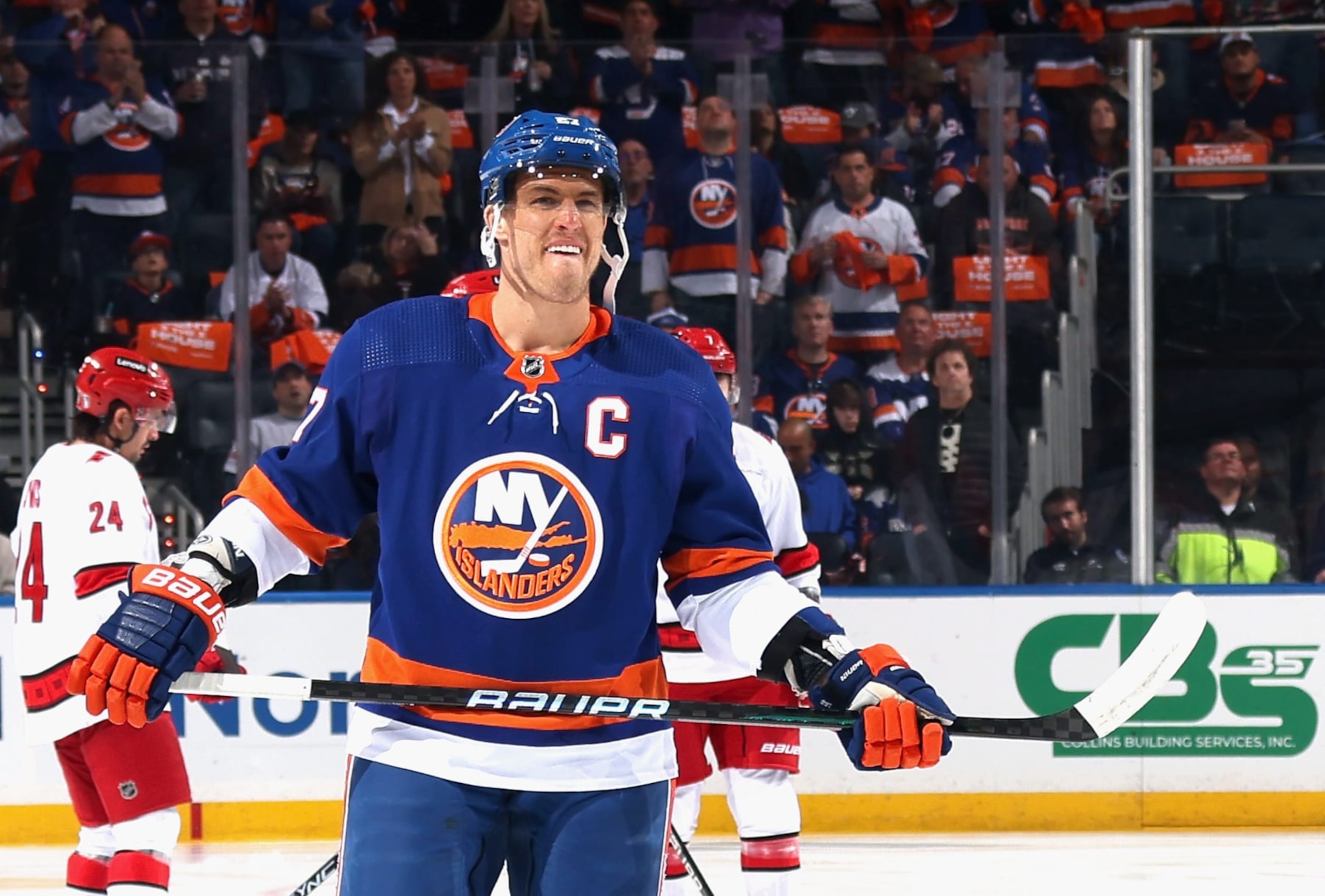 ELMONT, NEW YORK - APRIL 27: Anders Lee #27 of the New York Islanders prepares to play against the Carolina Hurricanes in Game Four of the First Round of the 2024 Stanley Cup Playoffs at UBS Arena on April 27, 2024 in Elmont, New York. (Photo by Bruce Bennett/Getty Images)