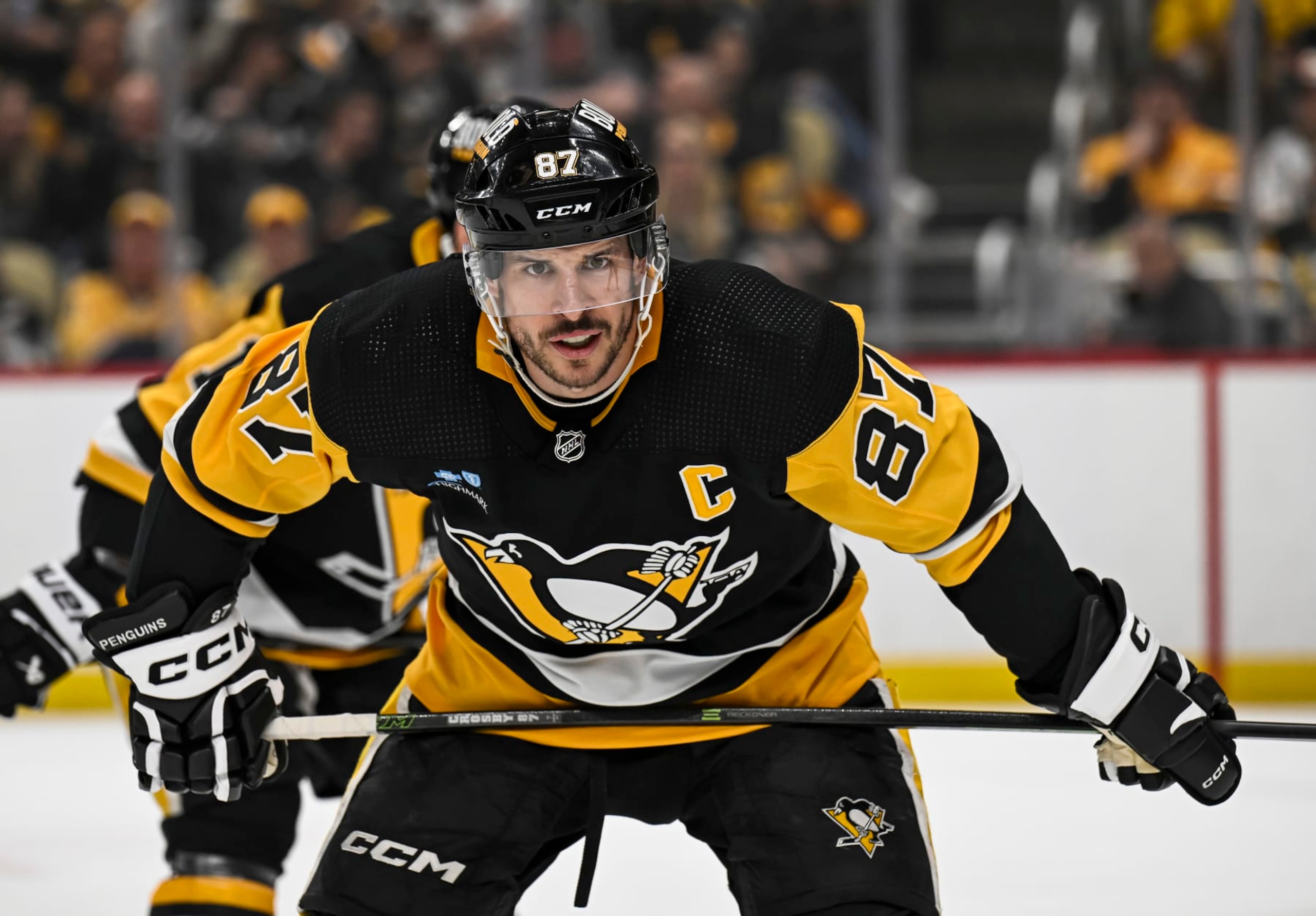 PITTSBURGH, PA - APRIL 15: Pittsburgh Penguins center Sidney Crosby (87) waits for a faceoff during the first period in the NHL game between the Pittsburgh Penguins and the Nashville Predators on April 15, 2024, at PPG Paints Arena in Pittsburgh, PA. (Photo by Jeanine Leech/Icon Sportswire via Getty Images)