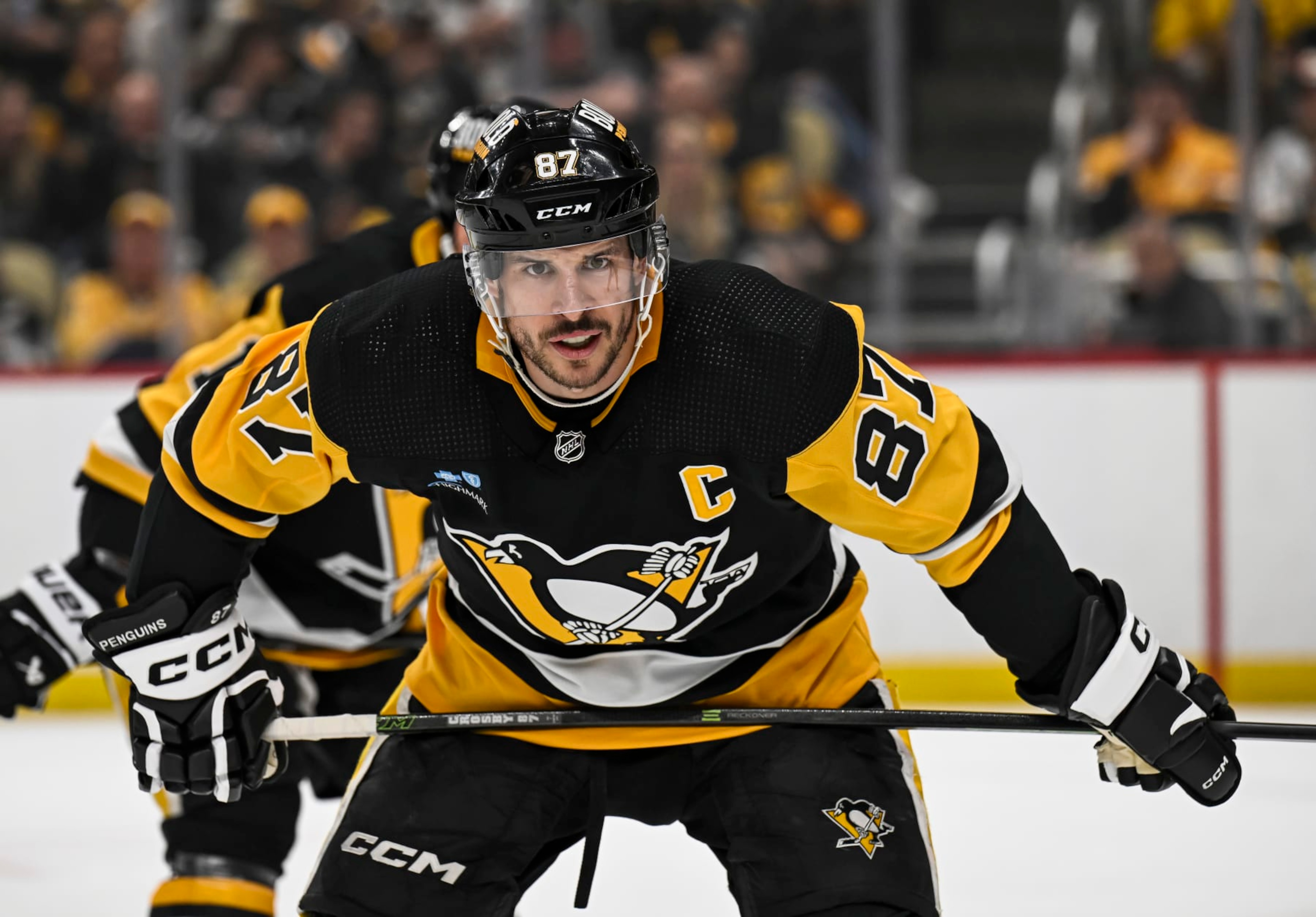 PITTSBURGH, PA - APRIL 15: Pittsburgh Penguins center Sidney Crosby (87) waits for a faceoff during the first period in the NHL game between the Pittsburgh Penguins and the Nashville Predators on April 15, 2024, at PPG Paints Arena in Pittsburgh, PA. (Photo by Jeanine Leech/Icon Sportswire via Getty Images) PITTSBURGH, PA - APRIL 15: Pittsburgh Penguins center Sidney Crosby (87) waits for a faceoff during the first period in the NHL game between the Pittsburgh Penguins and the Nashville Predators on April 15, 2024, at PPG Paints Arena in Pittsburgh, PA. (Photo by Jeanine Leech/Icon Sportswire via Getty Images)