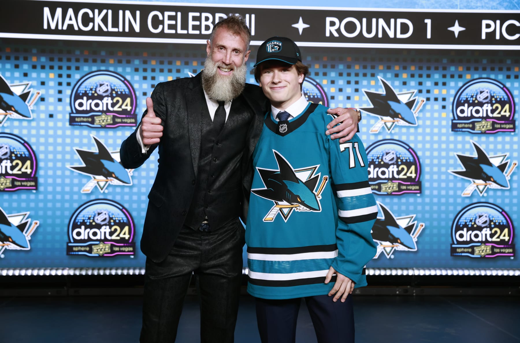 LAS VEGAS, NEVADA - JUNE 28: Macklin Celebrini and Joe Thornton stand onstage after Celebrini was selected first overall by the San Jose Sharks during the first round of the 2024 Upper Deck NHL Draft at Sphere on June 28, 2024 in Las Vegas, Nevada. (Photo by Jeff Vinnick/NHLI via Getty Images)