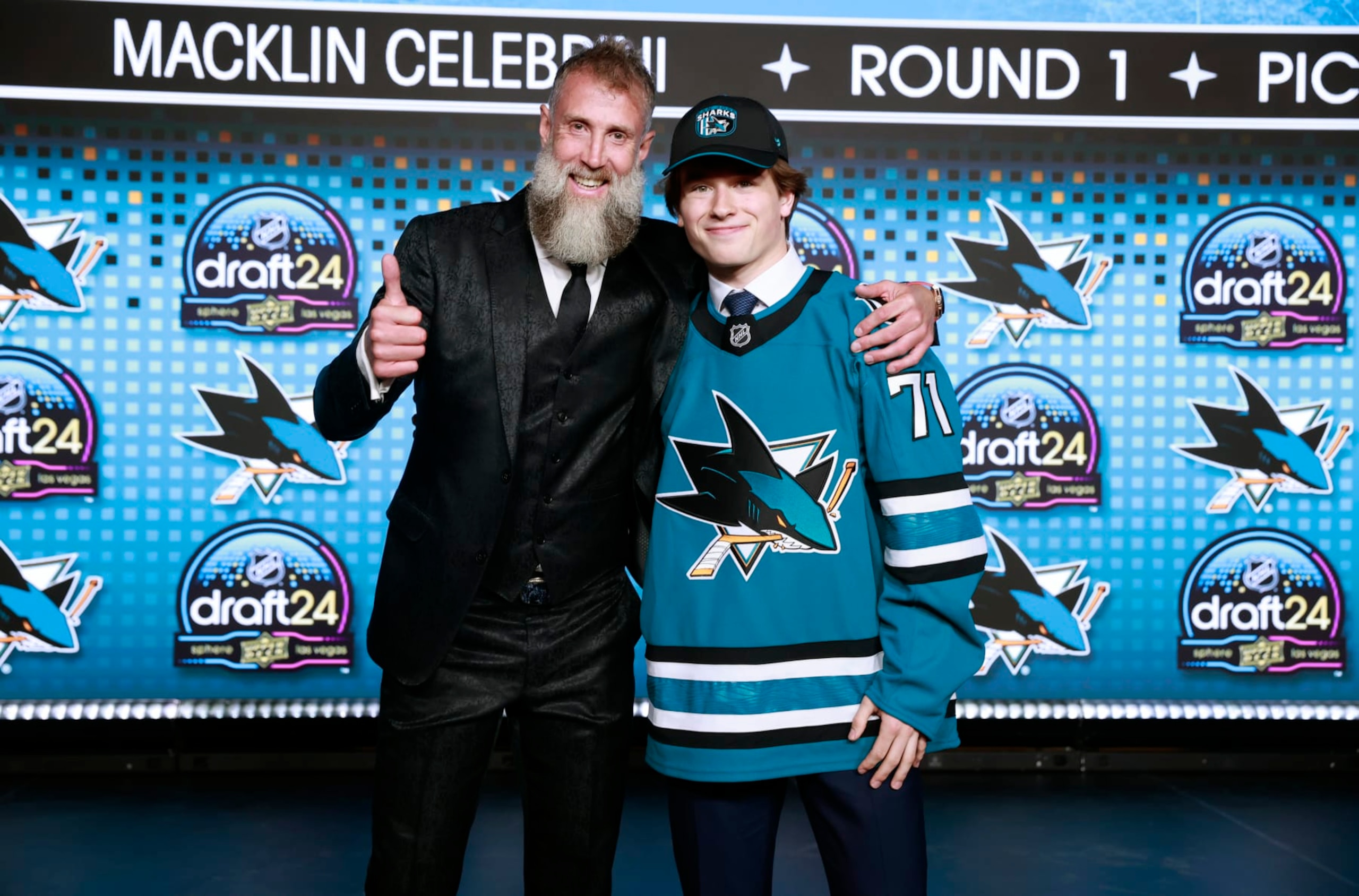 LAS VEGAS, NEVADA - JUNE 28: Macklin Celebrini and Joe Thornton stand onstage after Celebrini was selected first overall by the San Jose Sharks during the first round of the 2024 Upper Deck NHL Draft at Sphere on June 28, 2024 in Las Vegas, Nevada. (Photo by Jeff Vinnick/NHLI via Getty Images)