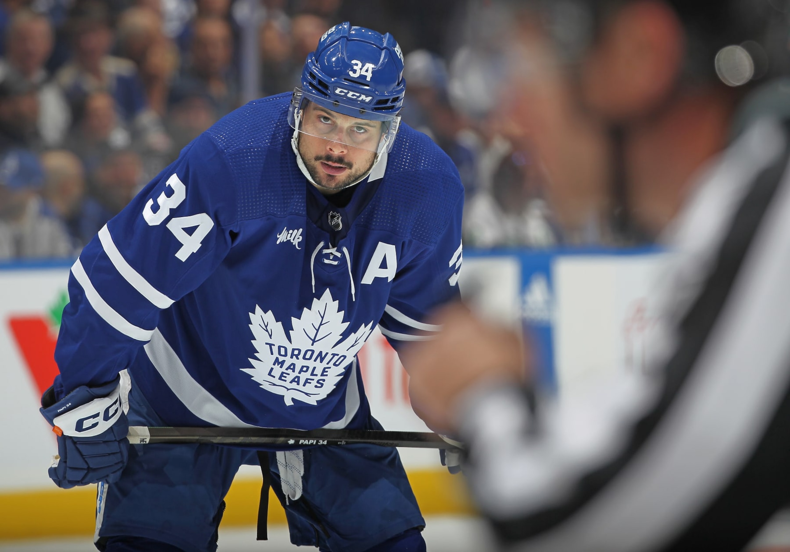 TORONTO, CANADA - APRIL 24:  Auston Matthews #34 of the Toronto Maple Leafs waits for a faceoff on a powerplay against the Boston Bruins in Game Three of the First Round of the 2024 Stanley Cup Playoffs at Scotiabank Arena on April 24, 2024 in Toronto, Ontario, Canada. (Photo by Claus Andersen/Getty Images)