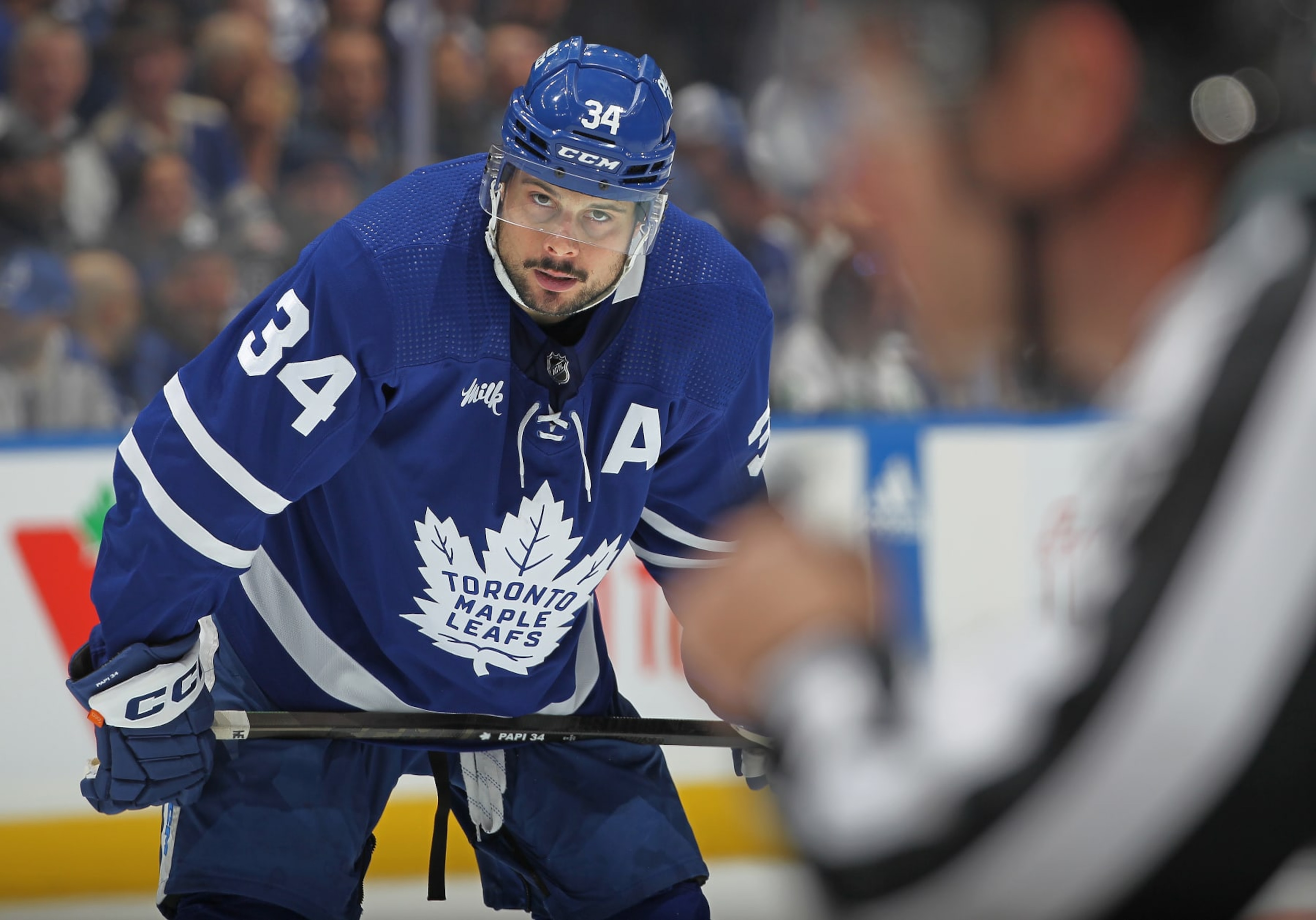 TORONTO, CANADA - APRIL 24: Auston Matthews #34 of the Toronto Maple Leafs waits for a faceoff on a powerplay against the Boston Bruins in Game Three of the First Round of the 2024 Stanley Cup Playoffs at Scotiabank Arena on April 24, 2024 in Toronto, Ontario, Canada. (Photo by Claus Andersen/Getty Images) TORONTO, CANADA - APRIL 24: Auston Matthews #34 of the Toronto Maple Leafs waits for a faceoff on a powerplay against the Boston Bruins in Game Three of the First Round of the 2024 Stanley Cup Playoffs at Scotiabank Arena on April 24, 2024 in Toronto, Ontario, Canada. (Photo by Claus Andersen/Getty Images)