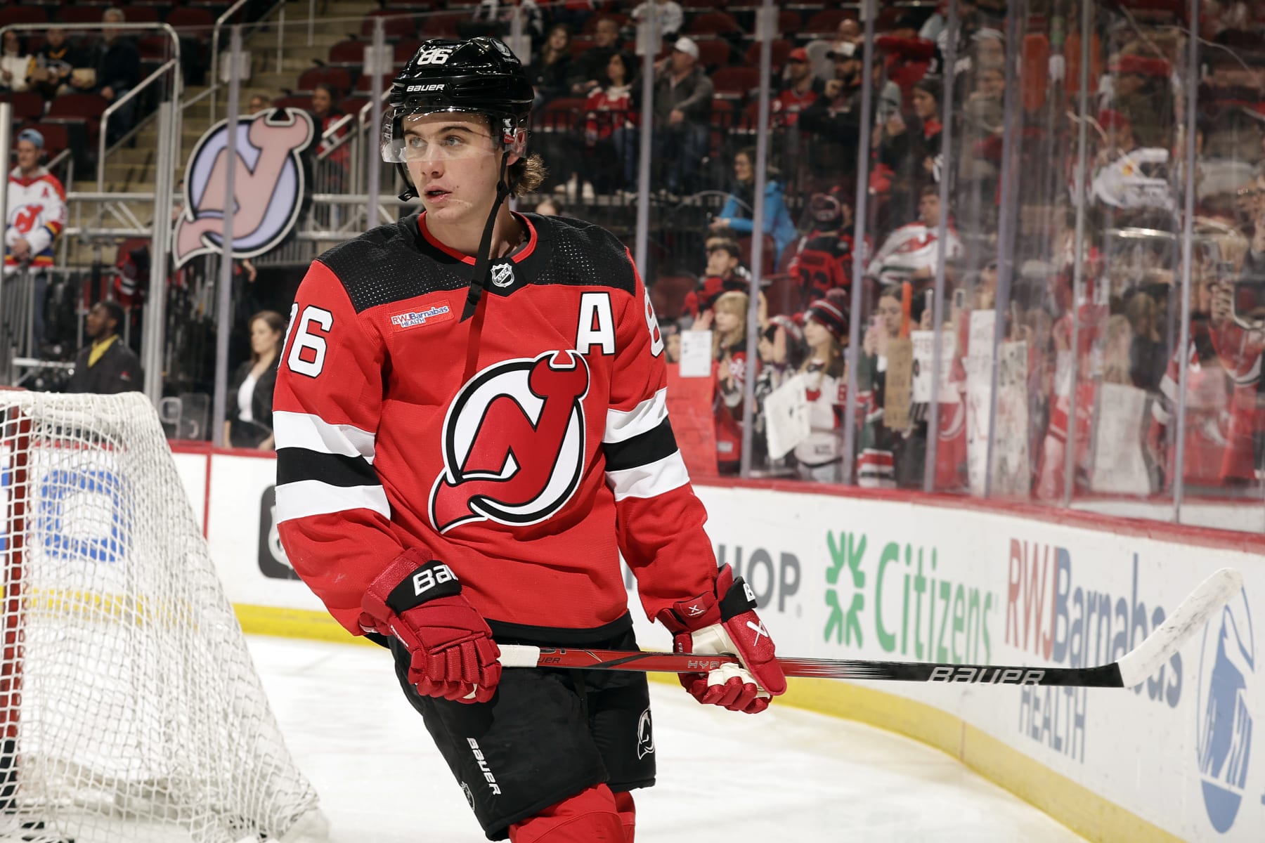 NEWARK, NJ - APRIL 2: Jack Hughes #86 of the New Jersey Devils warms up before taking on the Pittsburgh Penguins at the Prudential Center on April 2, 2024 in Newark, New Jersey. (Photo by Adam Hunger/Getty Images)