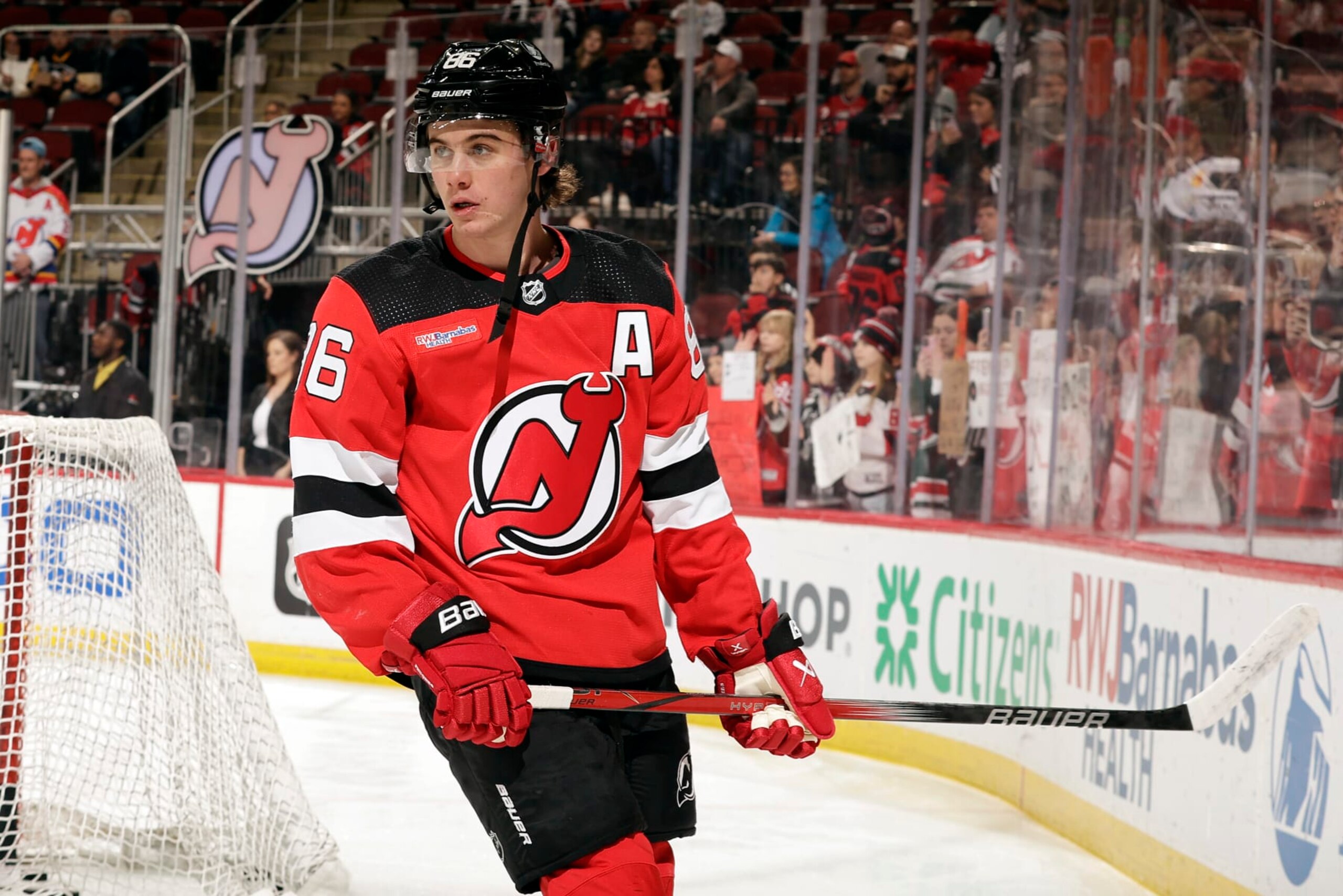 NEWARK, NJ - APRIL 2: Jack Hughes #86 of the New Jersey Devils warms up before taking on the Pittsburgh Penguins at the Prudential Center on April 2, 2024 in Newark, New Jersey. (Photo by Adam Hunger/Getty Images)