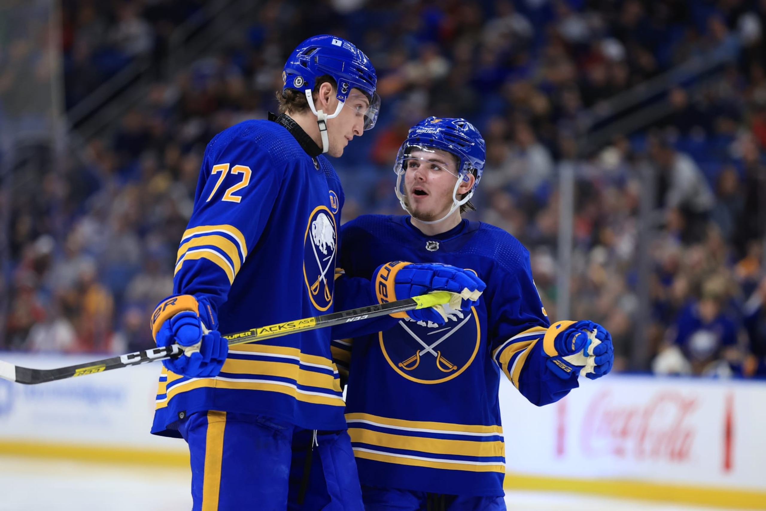 BUFFALO, NEW YORK - APRIL 11: Tage Thompson #72 of the Buffalo Sabres chats with Zach Benson #9 during an NHL game against the Washington Capitals on April 11, 2024 at KeyBank Center in Buffalo, New York. (Photo by Bill Wippert/NHLI via Getty Images)