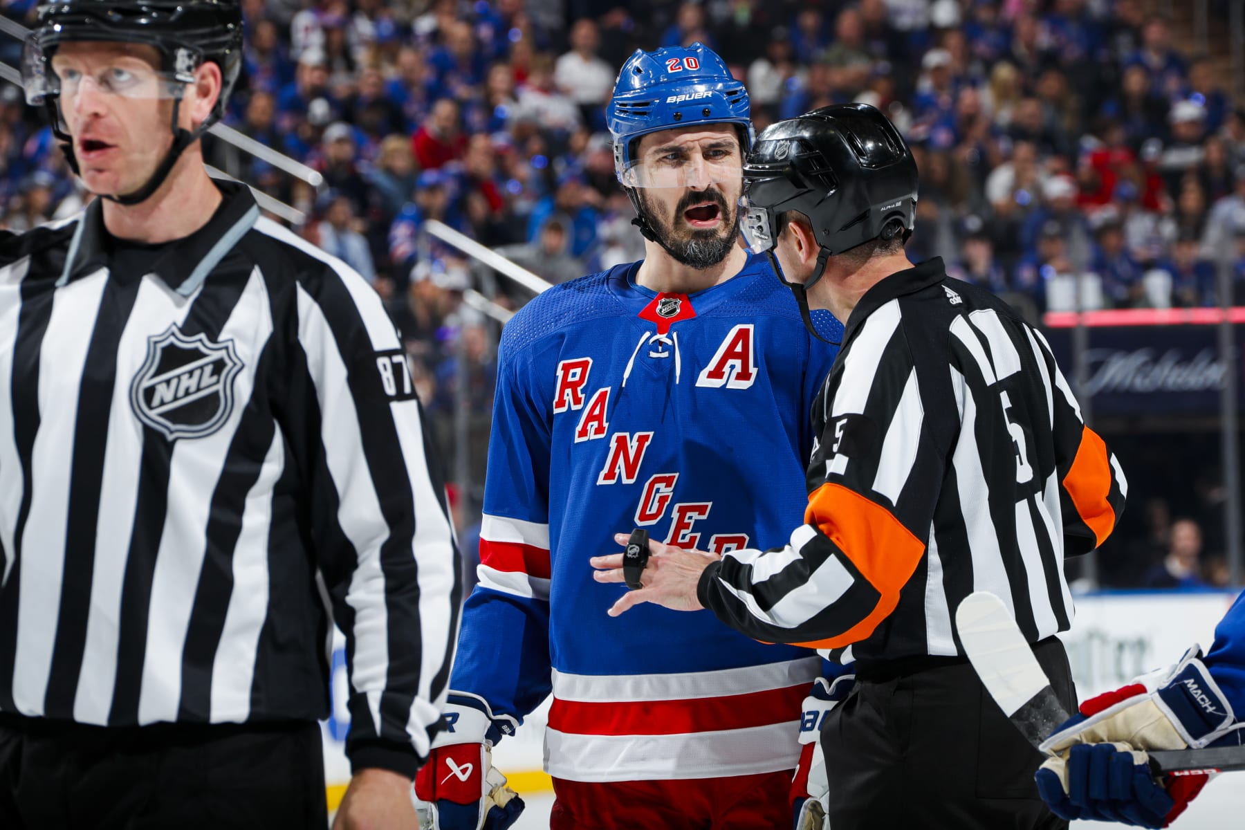 NEW YORK, NY - MAY 24: Chris Kreider #20 of the New York Rangers argues with the refs during the third period against the Florida Panthers in Game Two of the Eastern Conference Final of the 2024 Stanley Cup Playoffs at Madison Square Garden on May 24, 2024 in New York City. (Photo by Jared Silber/NHLI via Getty Images)