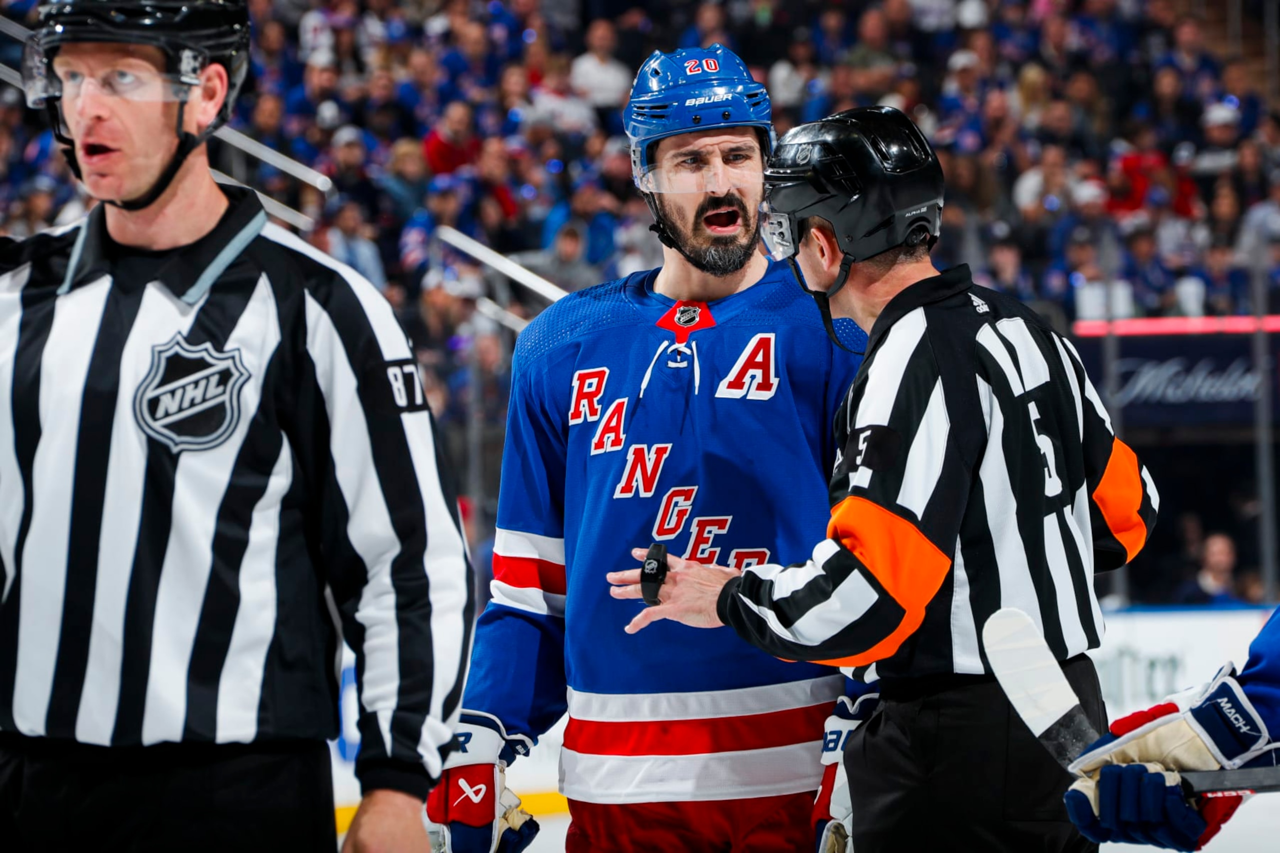 NEW YORK, NY - MAY 24: Chris Kreider #20 of the New York Rangers argues with the refs during the third period against the Florida Panthers in Game Two of the Eastern Conference Final of the 2024 Stanley Cup Playoffs at Madison Square Garden on May 24, 2024 in New York City. (Photo by Jared Silber/NHLI via Getty Images)
