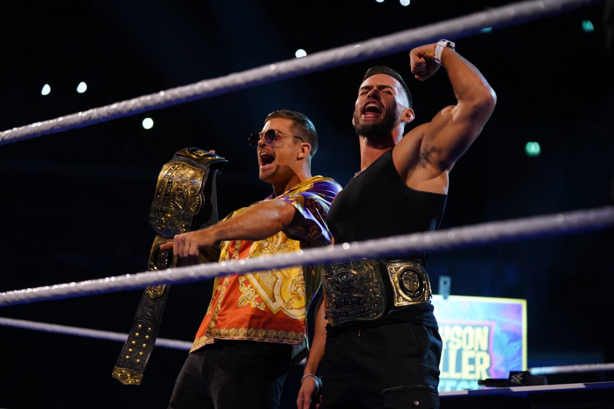 GLASGOW, SCOTLAND - JUNE 14: Grayson Waller and Austin Theory with the WWE Tag Team Championships during SmackDown at The OVO Hydro on June 14, 2024 in Glasgow, Scotland. (Photo by WWE/Getty Images) GLASGOW, SCOTLAND - JUNE 14: Grayson Waller and Austin Theory with the WWE Tag Team Championships during SmackDown at The OVO Hydro on June 14, 2024 in Glasgow, Scotland. (Photo by WWE/Getty Images)