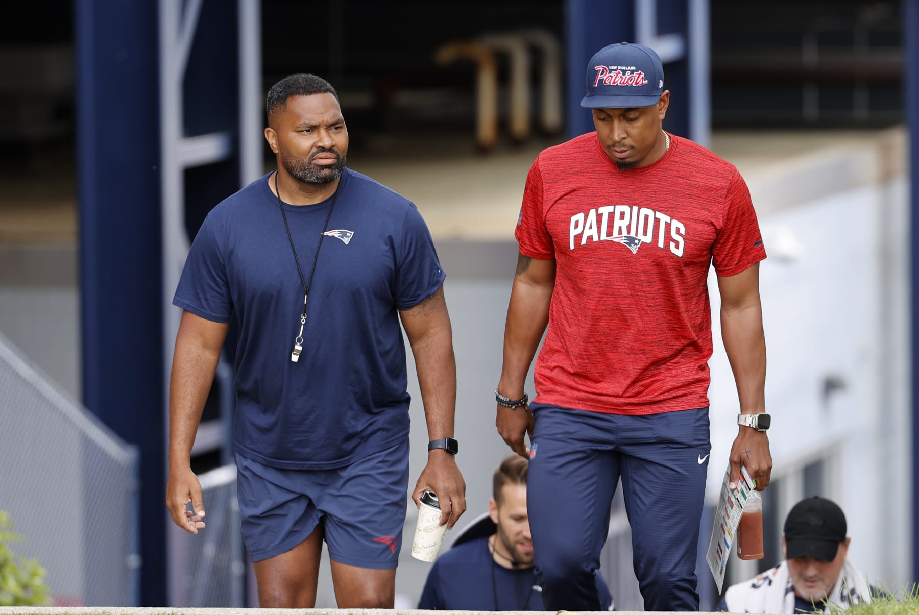 FOXBOROUGH, MA - JUNE 12: New England Patriots head coach Jerod Mayo and defensive coordinator Demarcus Covington arrive during New England Patriots Minicamp on June 12, 2024, at The Patriots practice facility at Gillette Stadium in Foxborough, Massachusetts. (Photo by Fred Kfoury III/Icon Sportswire via Getty Images)