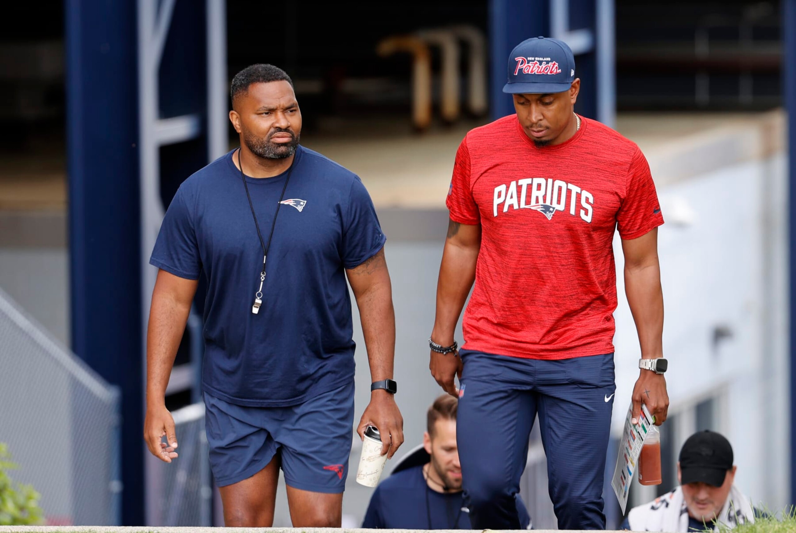 FOXBOROUGH, MA - JUNE 12: New England Patriots head coach Jerod Mayo and defensive coordinator Demarcus Covington arrive during New England Patriots Minicamp on June 12, 2024, at The Patriots practice facility at Gillette Stadium in Foxborough, Massachusetts. (Photo by Fred Kfoury III/Icon Sportswire via Getty Images) FOXBOROUGH, MA - JUNE 12: New England Patriots head coach Jerod Mayo and defensive coordinator Demarcus Covington arrive during New England Patriots Minicamp on June 12, 2024, at The Patriots practice facility at Gillette Stadium in Foxborough, Massachusetts. (Photo by Fred Kfoury III/Icon Sportswire via Getty Images)