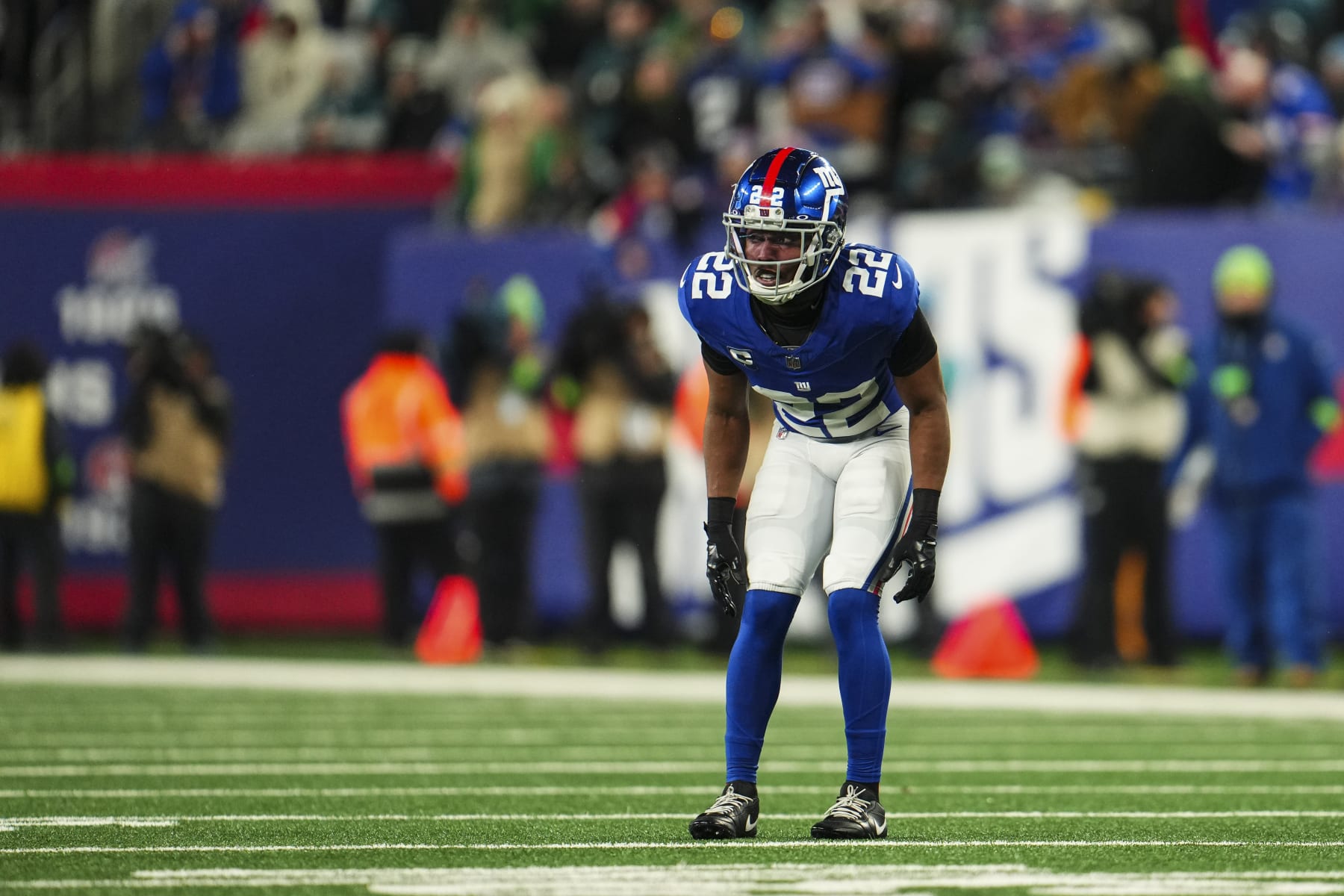 EAST RUTHERFORD, NJ - JANUARY 07: Adoree' Jackson #22 of the New York Giants lines up during an NFL football game against the Philadelphia Eagles at MetLife Stadium on January 7, 2024 in East Rutherford, New Jersey. (Photo by Cooper Neill/Getty Images)