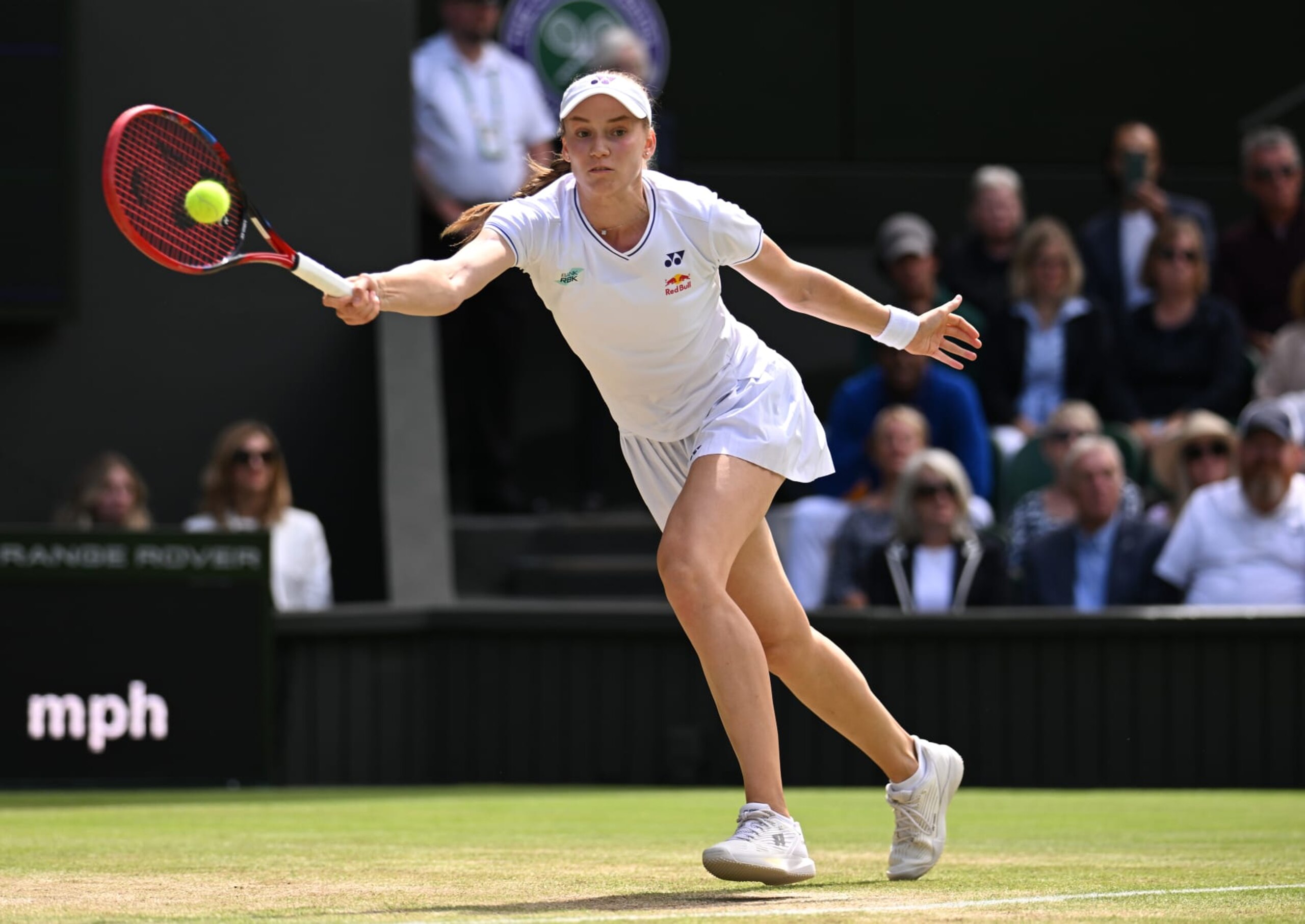 LONDON, ENGLAND - JULY 10: Elena Rybakina of Kazakhstan plays a forehand against Elina Svitolina of Ukraine in the Ladies' Singles Quarter Final match during day ten of The Championships Wimbledon 2024 at All England Lawn Tennis and Croquet Club on July 10, 2024 in London, England. (Photo by Mike Hewitt/Getty Images)