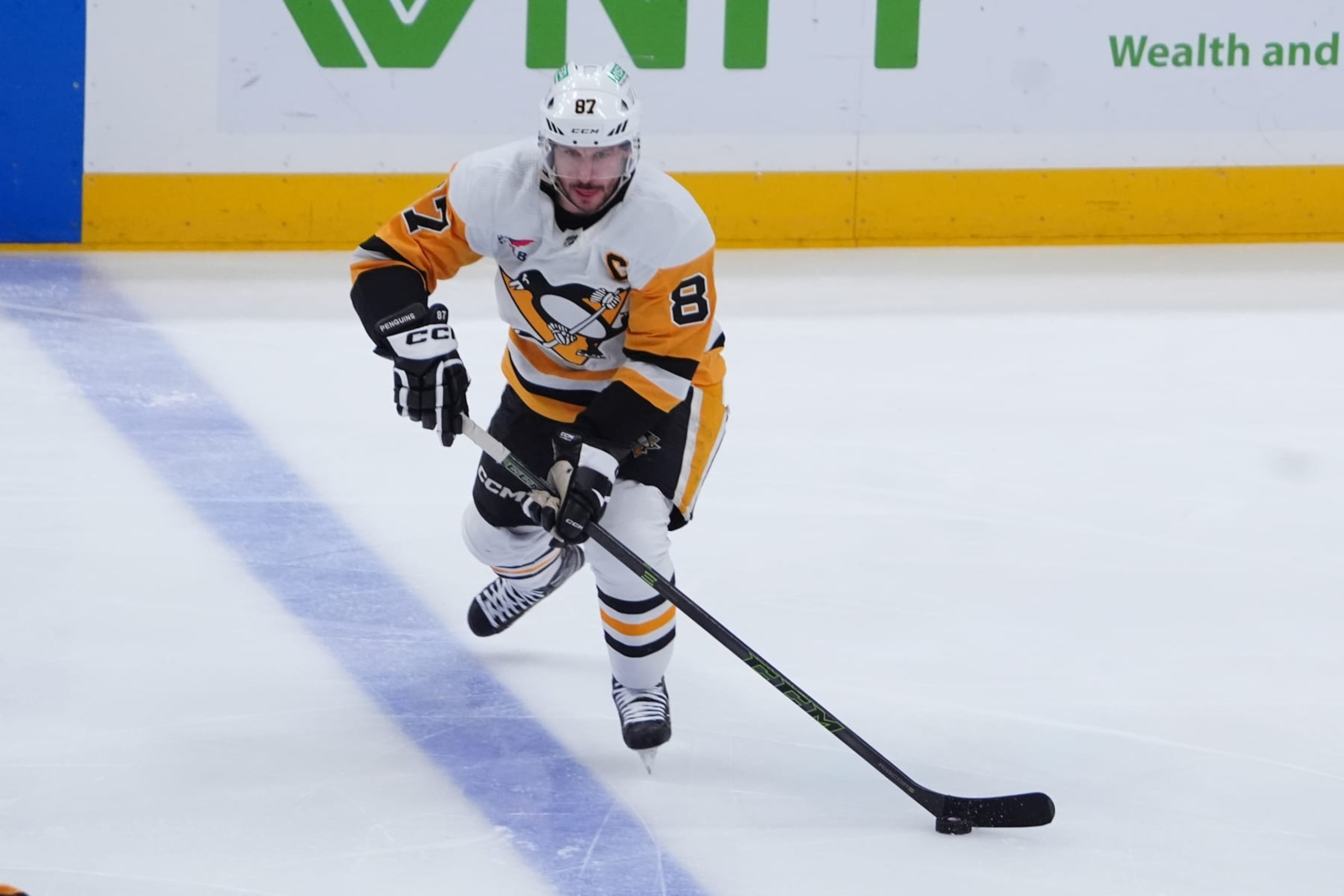ELMONT, NY - APRIL 17: Pittsburgh Penguins Center Sidney Crosby (87) skates with the puck during the second period of the National Hockey League game between the Pittsburgh Penguins and the New York Islanders on April 17, 2024, at UBS Arena in Elmont, NY. (Photo by Gregory Fisher/Icon Sportswire via Getty Images) ELMONT, NY - APRIL 17: Pittsburgh Penguins Center Sidney Crosby (87) skates with the puck during the second period of the National Hockey League game between the Pittsburgh Penguins and the New York Islanders on April 17, 2024, at UBS Arena in Elmont, NY. (Photo by Gregory Fisher/Icon Sportswire via Getty Images)
