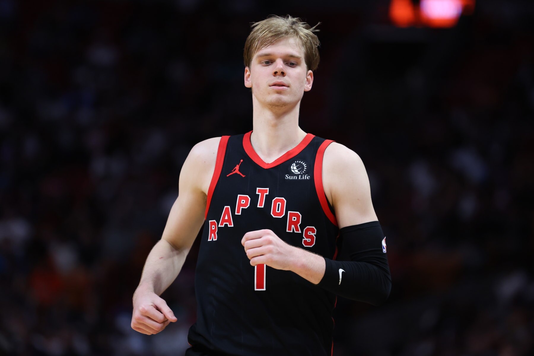 MIAMI, FLORIDA - APRIL 14: Gradey Dick #1 of the Toronto Raptors looks on against the Miami Heat during the third quarter of the game at Kaseya Center on April 14, 2024 in Miami, Florida. NOTE TO USER: User expressly acknowledges and agrees that, by downloading and or using this photograph, User is consenting to the terms and conditions of the Getty Images License Agreement. (Photo by Megan Briggs/Getty Images)