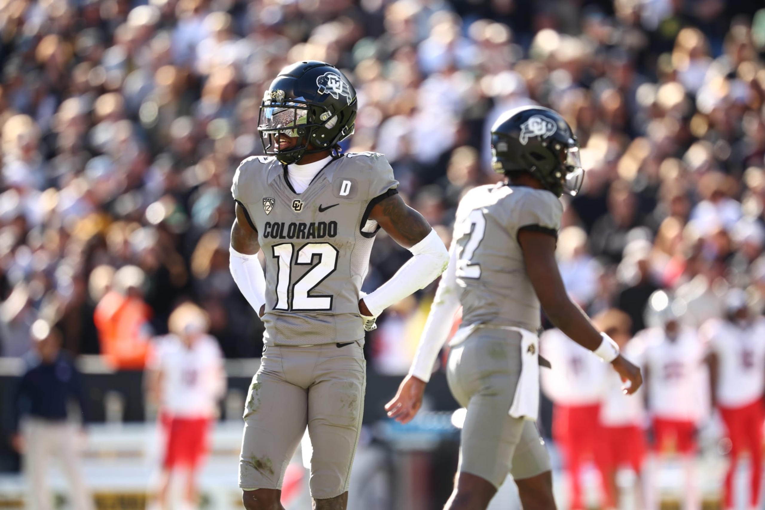 College Football: Colorado Travis Hunter (12) in action, looks to the sideline vs Arizona at Folsom Field. 
Boulder, CO 11/11/2023 
CREDIT: Jamie Schwaberow (Photo by Jamie Schwaberow/Sports Illustrated via Getty Images) 
(Set Number: X164461)