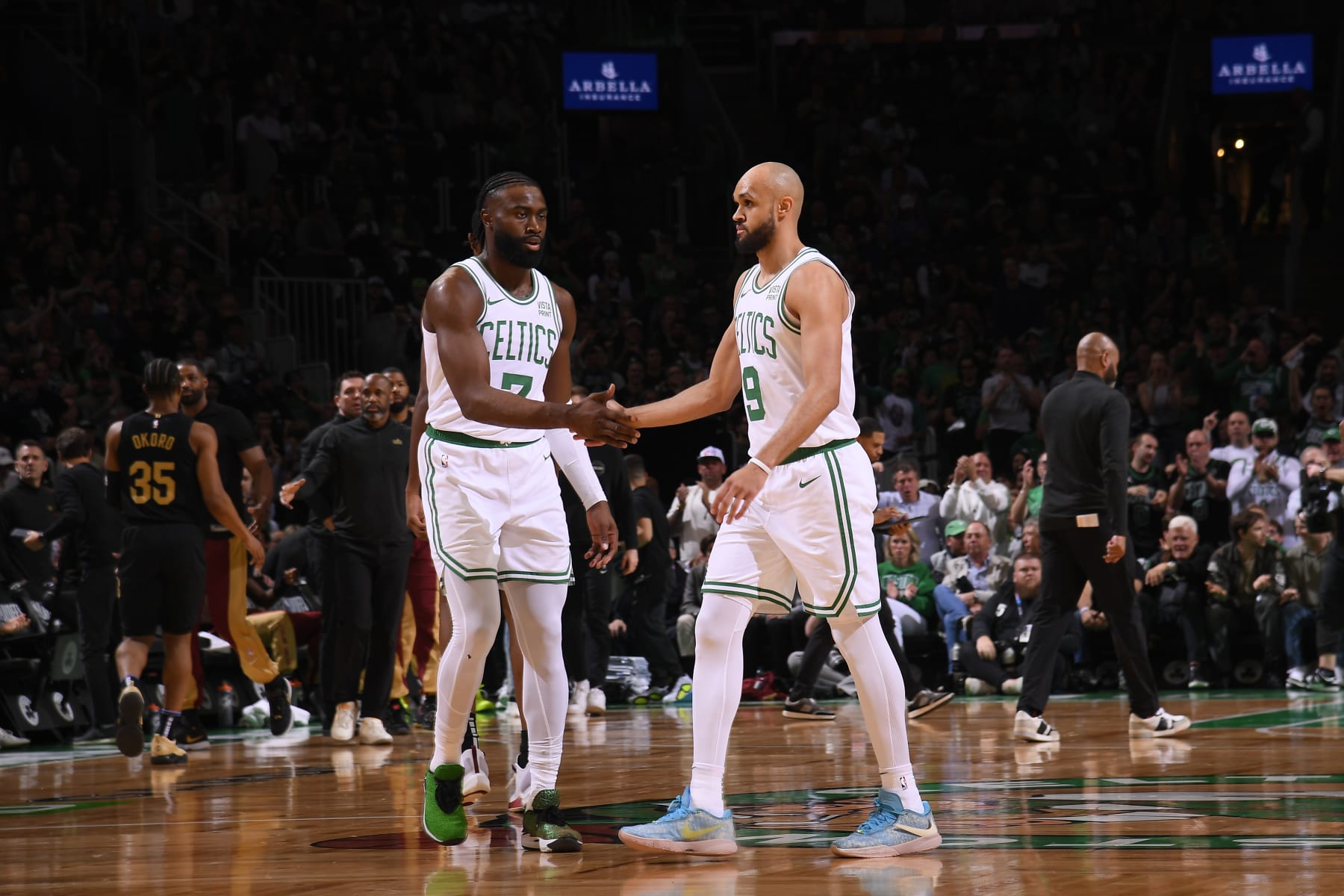BOSTON, MA - MAY 7: Jaylen Brown #7 high fives  Derrick White #9 of the Boston Celtics during the game against the Cleveland Cavaliers during Round 2 Game 1 on May 7, 2024 at the TD Garden in Boston, Massachusetts. NOTE TO USER: User expressly acknowledges and agrees that, by downloading and or using this photograph, User is consenting to the terms and conditions of the Getty Images License Agreement. Mandatory Copyright Notice: Copyright 2024 NBAE  (Photo by Brian Babineau/NBAE via Getty Images)