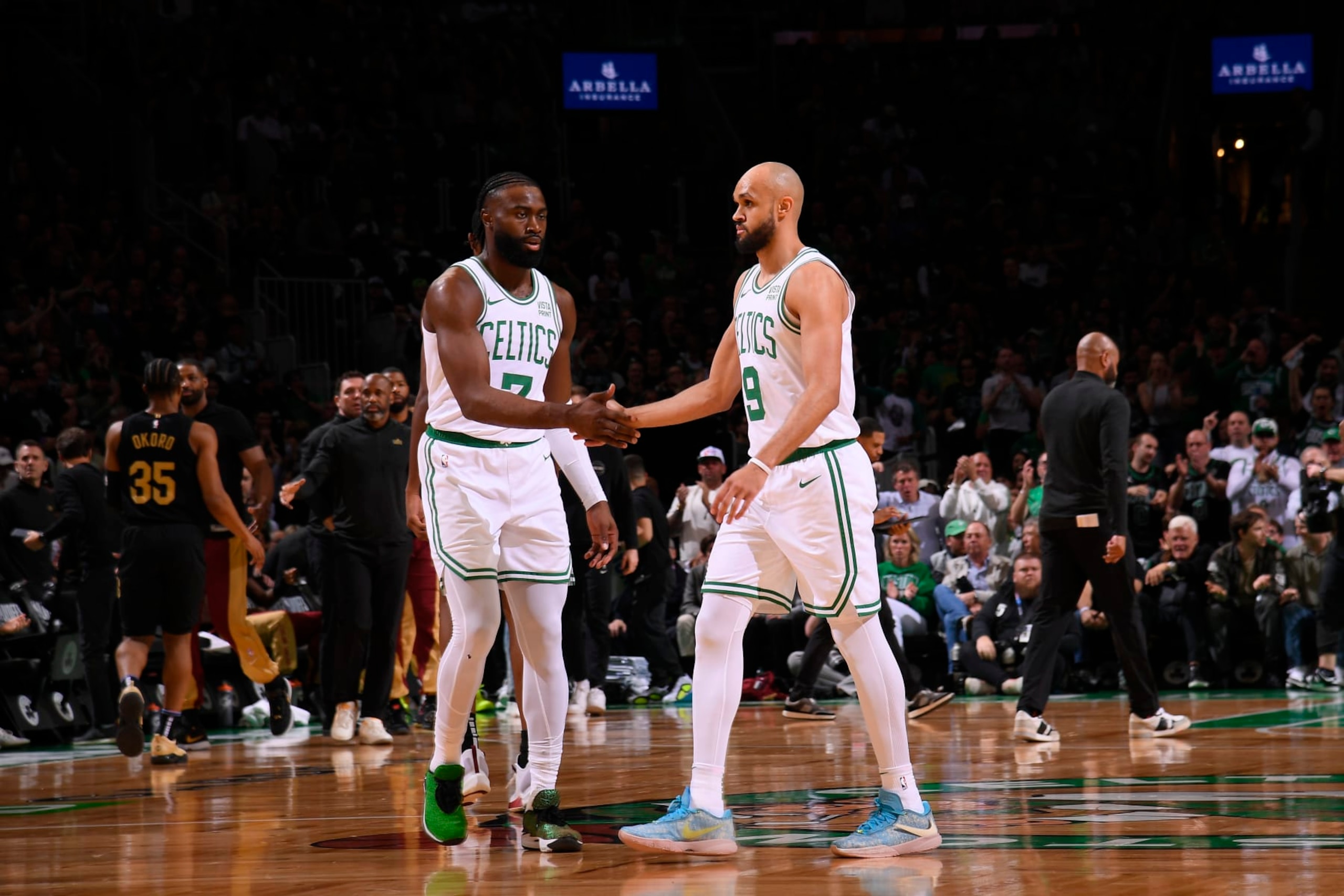 BOSTON, MA - MAY 7: Jaylen Brown #7 high fives Derrick White #9 of the Boston Celtics during the game against the Cleveland Cavaliers during Round 2 Game 1 on May 7, 2024 at the TD Garden in Boston, Massachusetts. NOTE TO USER: User expressly acknowledges and agrees that, by downloading and or using this photograph, User is consenting to the terms and conditions of the Getty Images License Agreement. Mandatory Copyright Notice: Copyright 2024 NBAE (Photo by Brian Babineau/NBAE via Getty Images) BOSTON, MA - MAY 7: Jaylen Brown #7 high fives Derrick White #9 of the Boston Celtics during the game against the Cleveland Cavaliers during Round 2 Game 1 on May 7, 2024 at the TD Garden in Boston, Massachusetts. NOTE TO USER: User expressly acknowledges and agrees that, by downloading and or using this photograph, User is consenting to the terms and conditions of the Getty Images License Agreement. Mandatory Copyright Notice: Copyright 2024 NBAE (Photo by Brian Babineau/NBAE via Getty Images)