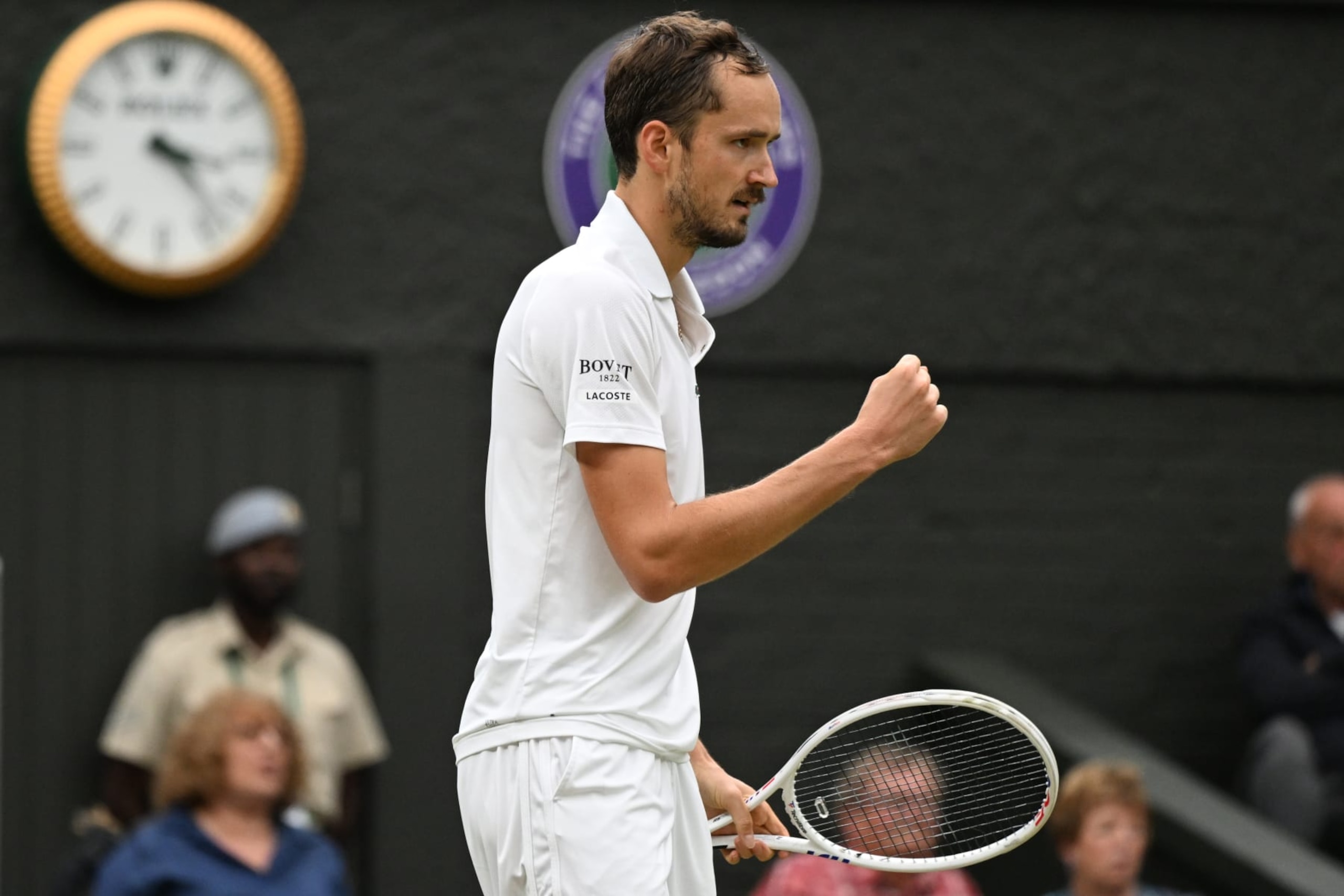 LONDON, ENGLAND - JULY 9: Daniil Medvedev after winning his Gentlemen's Singles Quarter-Finals match against Jannik Sinner (ITA) during day nine of The Championships Wimbledon 2024 at All England Lawn Tennis and Croquet Club on July 9, 2024 in London, England. (Photo by Stringer/Anadolu via Getty Images)