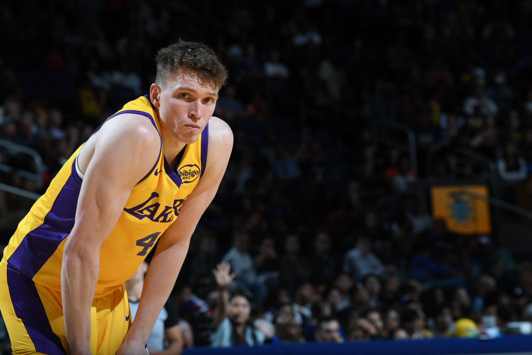 SAN FRANCISCO, CA - JULY 7: Dalton Knecht #4 of the Los Angeles Lakers looks on during the game against the Golden State Warriors during the 2024 NBA California Classic Summer League game on July 7, 2024 at Chase Center in San Francisco, California. NOTE TO USER: User expressly acknowledges and agrees that, by downloading and or using this photograph, user is consenting to the terms and conditions of Getty Images License Agreement. Mandatory Copyright Notice: Copyright 2024 NBAE (Photo by Noah Graham/NBAE via Getty Images)