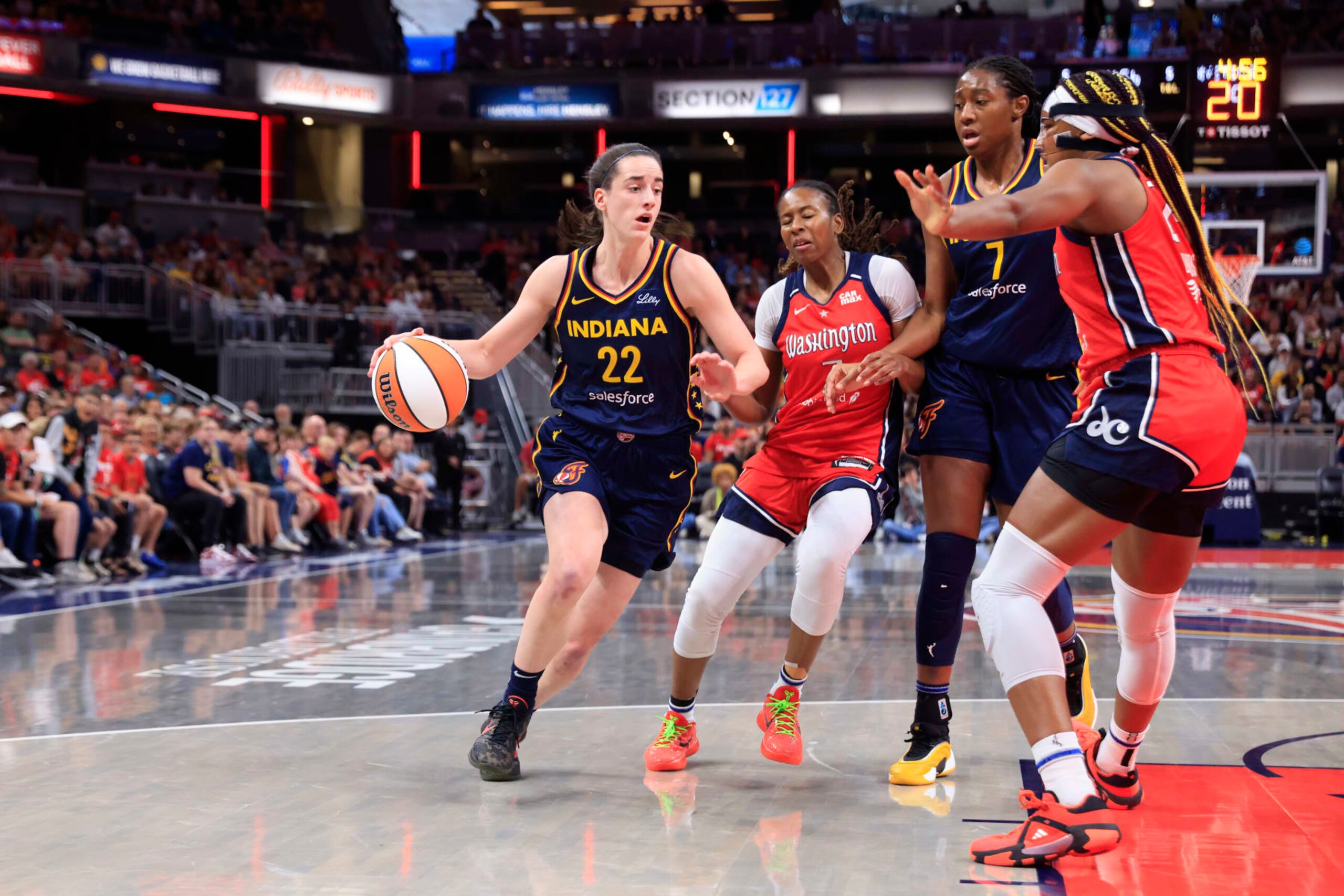 INDIANAPOLIS, IN - JULY 10: Caitlin Clark #22 of the Indiana Fever drives to the basket during the game against the Atlanta Dream on July 10, 2024 at Gainbridge Fieldhouse in Indianapolis, Indiana. NOTE TO USER: User expressly acknowledges and agrees that, by downloading and or using this Photograph, user is consenting to the terms and conditions of the Getty Images License Agreement. Mandatory Copyright Notice: Copyright 2024 NBAE (Photo by Justin Casterline/NBAE via Getty Images) INDIANAPOLIS, IN - JULY 10: Caitlin Clark #22 of the Indiana Fever drives to the basket during the game against the Atlanta Dream on July 10, 2024 at Gainbridge Fieldhouse in Indianapolis, Indiana. NOTE TO USER: User expressly acknowledges and agrees that, by downloading and or using this Photograph, user is consenting to the terms and conditions of the Getty Images License Agreement. Mandatory Copyright Notice: Copyright 2024 NBAE (Photo by Justin Casterline/NBAE via Getty Images)