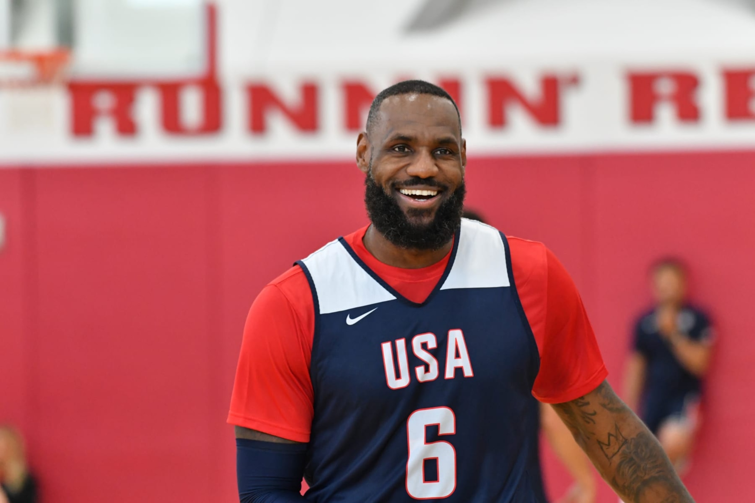 LAS VEGAS, NV - JULY 8:   LeBron James #6 of the USAB Mens Team looks on during the USAB Men's Training Camp on July 8, 2024 at UNLV in Las Vegas, Nevada. NOTE TO USER: User expressly acknowledges and agrees that, by downloading and or using this photograph, User is consenting to the terms and conditions of the Getty Images License Agreement. Mandatory Copyright Notice: Copyright 2024 NBAE (Photo by Juan Ocampo/NBAE via Getty Images)