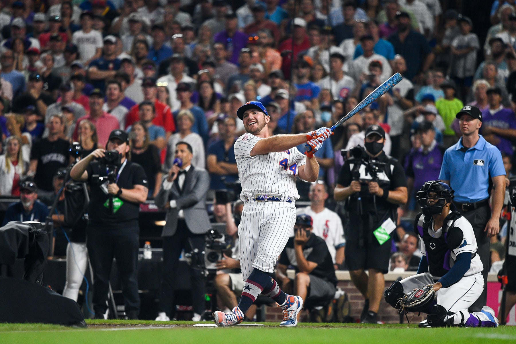 DENVER, CO - JULY 12: Pete Alonso of the New York Mets participates in the final round during the 2021 T-Mobile Home Run Derby at Coors Field on July 12, 2021 in Denver, Colorado.(Photo by Dustin Bradford/Getty Images)