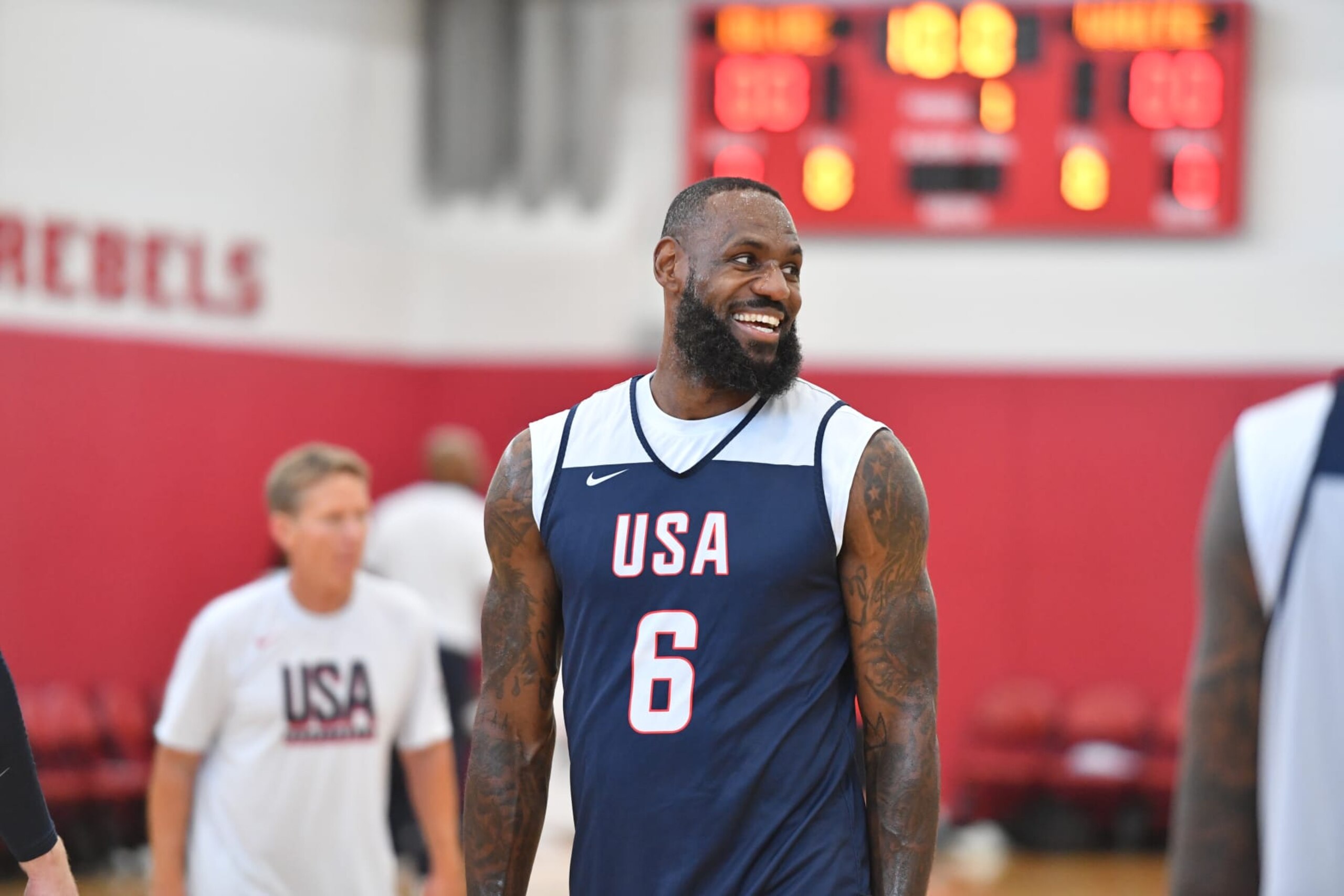 LAS VEGAS, NV - JULY 9: LeBron James #6 of the USAB Men's team smiles during the USAB Men's Training Camp on July 9, 2024 at UNLV in Las Vegas, Nevada. NOTE TO USER: User expressly acknowledges and agrees that, by downloading and or using this photograph, User is consenting to the terms and conditions of the Getty Images License Agreement. Mandatory Copyright Notice: Copyright 2024 NBAE (Photo by Juan Ocampo/NBAE via Getty Images) LAS VEGAS, NV - JULY 9: LeBron James #6 of the USAB Men's team smiles during the USAB Men's Training Camp on July 9, 2024 at UNLV in Las Vegas, Nevada. NOTE TO USER: User expressly acknowledges and agrees that, by downloading and or using this photograph, User is consenting to the terms and conditions of the Getty Images License Agreement. Mandatory Copyright Notice: Copyright 2024 NBAE (Photo by Juan Ocampo/NBAE via Getty Images)
