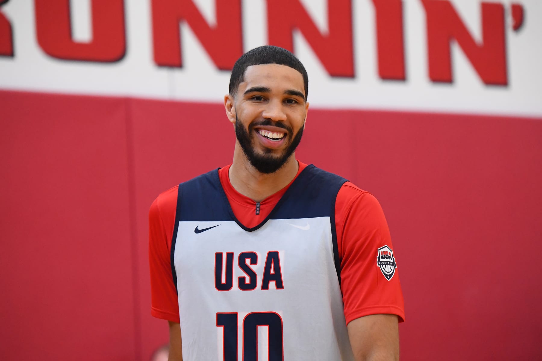 LAS VEGAS, NV - JULY 9: Jayson Tatum #10 of the USA Basketball Men's Team smiles during USAB Men's Training Camp in Las Vegas on July 9, 2024 in Las Vegas Nevada. NOTE TO USER: User expressly acknowledges and agrees that, by downloading and/or using this Photograph, user is consenting to the terms and conditions of the Getty Images License Agreement. Mandatory Copyright Notice: Copyright 2024 NBAE (Photo by Brian Babineau/NBAE via Getty Images)