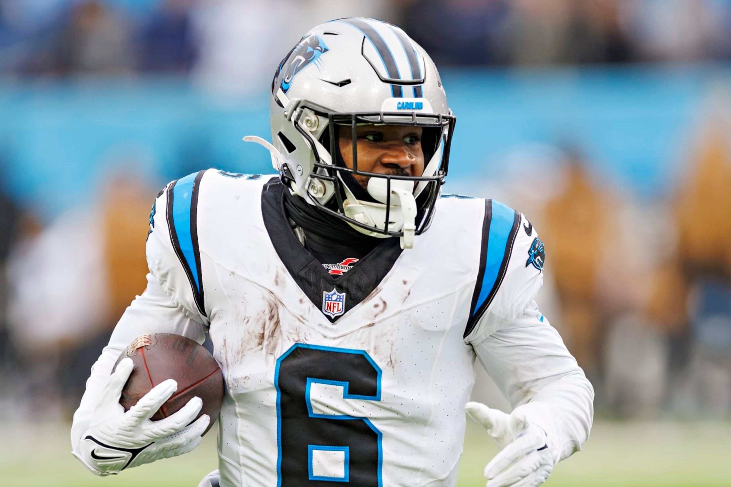 NASHVILLE, TENNESSEE - NOVEMBER 26: Miles Sanders #6 of the Carolina Panthers runs the ball during the game against the Tennessee Titans at Nissan Stadium on November 26, 2023 in Nashville, Tennessee. The Titans defeated the Panthers 17-10. (Photo by Wesley Hitt/Getty Images) NASHVILLE, TENNESSEE - NOVEMBER 26: Miles Sanders #6 of the Carolina Panthers runs the ball during the game against the Tennessee Titans at Nissan Stadium on November 26, 2023 in Nashville, Tennessee. The Titans defeated the Panthers 17-10. (Photo by Wesley Hitt/Getty Images)