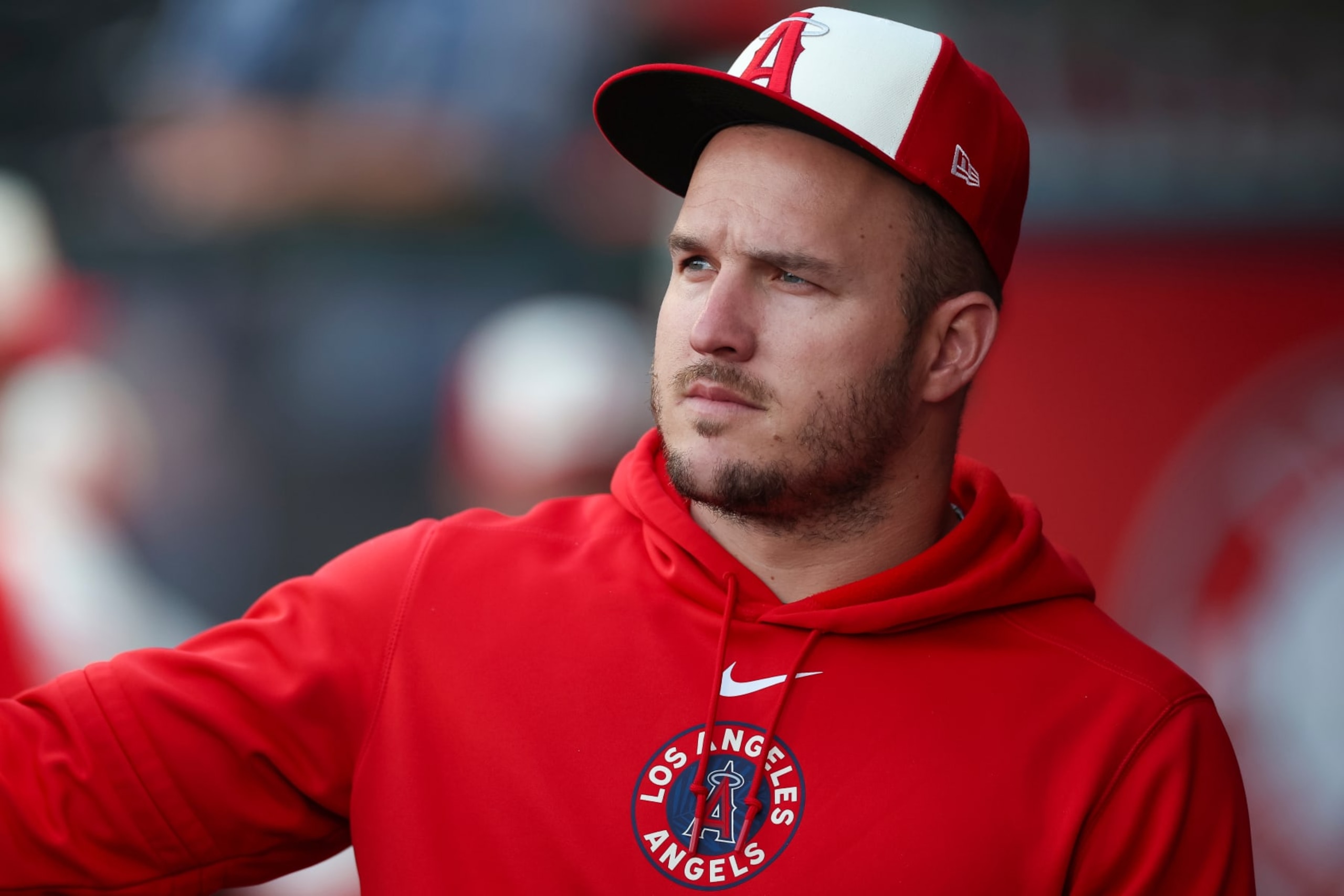 ANAHEIM, CALIFORNIA - JUNE 5: Mike Trout #27 of the Los Angeles Angels looks on in the dugout prior to a game against the San Diego Padres at Angel Stadium of Anaheim on June 5, 2024 in Anaheim, California. (Photo by Brandon Sloter/Getty Images) ANAHEIM, CALIFORNIA - JUNE 5: Mike Trout #27 of the Los Angeles Angels looks on in the dugout prior to a game against the San Diego Padres at Angel Stadium of Anaheim on June 5, 2024 in Anaheim, California. (Photo by Brandon Sloter/Getty Images)