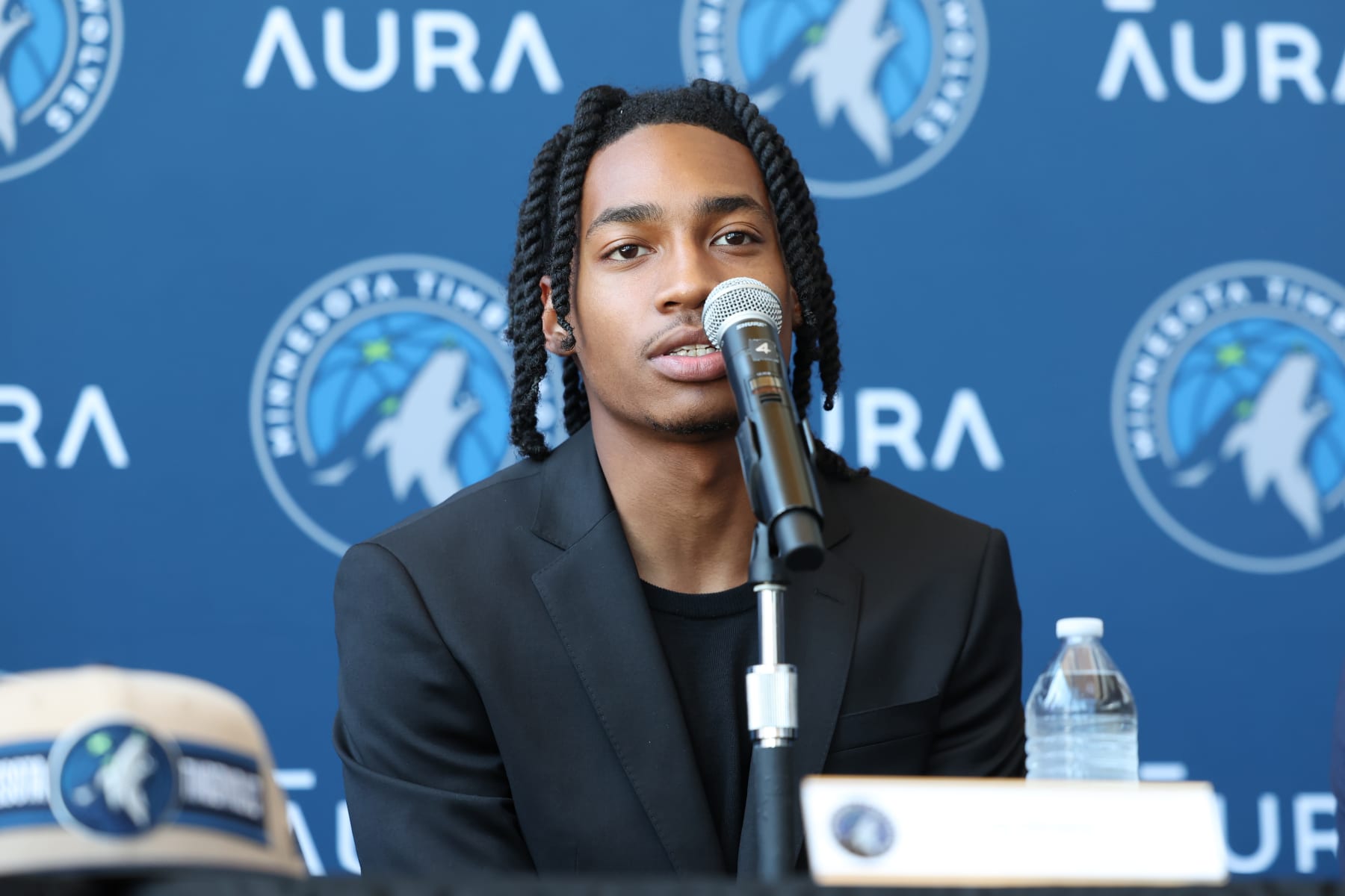 MINNEAPOLIS, MN - JULY 3: Rob Dillingham of the Minnesota Timberwolves speaks to the media during a press conference on July 3, 2024 at Target Center in Minneapolis, Minnesota. NOTE TO USER: User expressly acknowledges and agrees that, by downloading and or using this Photograph, user is consenting to the terms and conditions of the Getty Images License Agreement. Mandatory Copyright Notice: Copyright 2024 NBAE (Photo by David Sherman/NBAE via Getty Images)