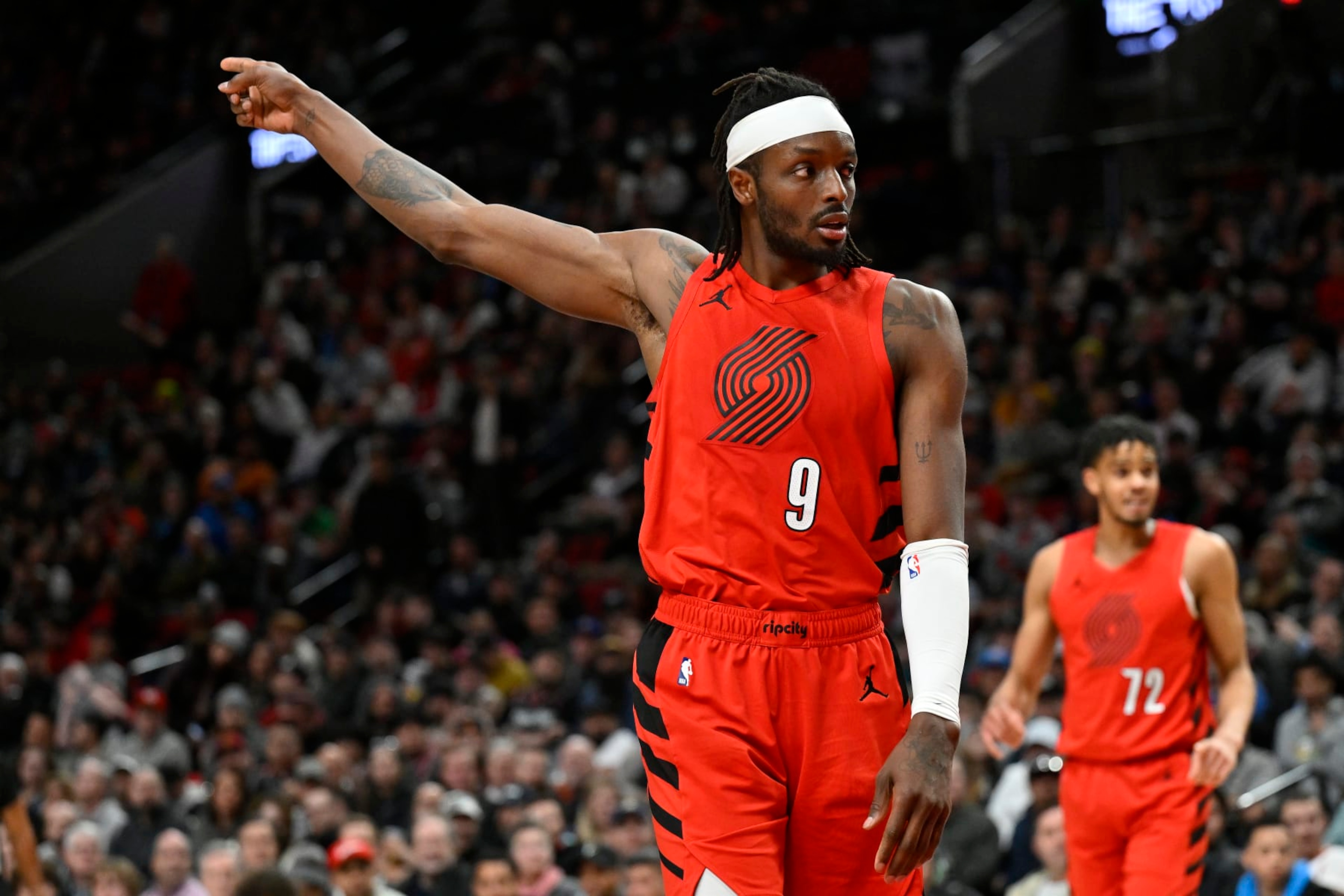 PORTLAND, OREGON - MARCH 06: Jerami Grant #9 of the Portland Trail Blazers gestures during the fourth quarter of the game \V at the Moda Center on March 06, 2024 in Portland, Oregon. The Oklahoma City Thunder won 128-120. NOTE TO USER: User expressly acknowledges and agrees that, by downloading and or using this photograph, User is consenting to the terms and conditions of the Getty Images License Agreement. (Photo by Alika Jenner/Getty Images) PORTLAND, OREGON - MARCH 06: Jerami Grant #9 of the Portland Trail Blazers gestures during the fourth quarter of the game \V at the Moda Center on March 06, 2024 in Portland, Oregon. The Oklahoma City Thunder won 128-120. NOTE TO USER: User expressly acknowledges and agrees that, by downloading and or using this photograph, User is consenting to the terms and conditions of the Getty Images License Agreement. (Photo by Alika Jenner/Getty Images)