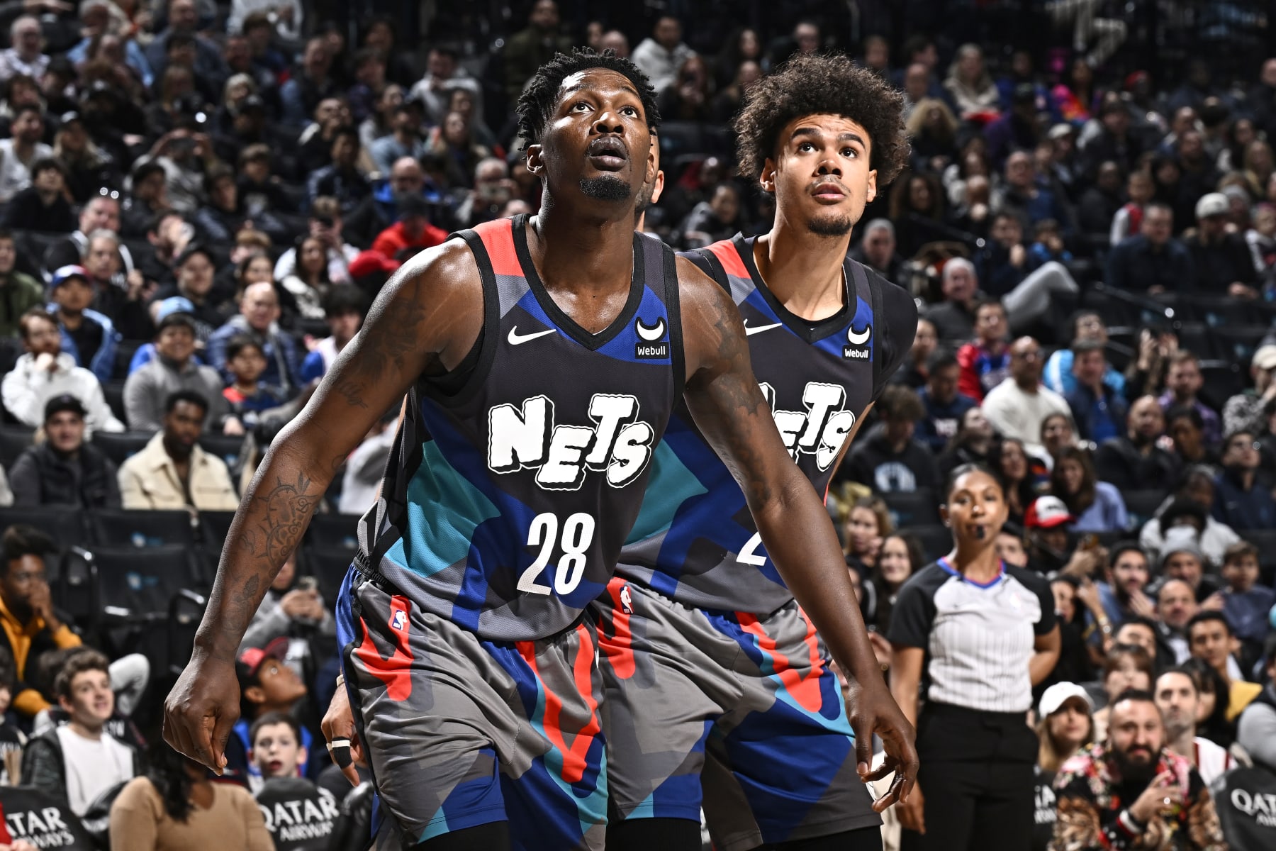 BROOKLYN, NY - NOVEMBER 19:  Dorian Finney-Smith #28 of the Brooklyn Nets boxes out during the game on November 19, 2023 at Barclays Center in Brooklyn, New York. NOTE TO USER: User expressly acknowledges and agrees that, by downloading and or using this Photograph, user is consenting to the terms and conditions of the Getty Images License Agreement. Mandatory Copyright Notice: Copyright 2023 NBAE (Photo by David Dow/NBAE via Getty Images)