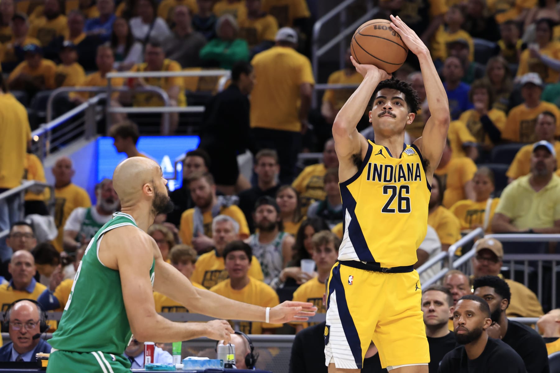 INDIANAPOLIS, INDIANA - MAY 27: Ben Sheppard #26 of the Indiana Pacers shoots over Derrick White #9 of the Boston Celtics during the third quarter in Game Four of the Eastern Conference Finals at Gainbridge Fieldhouse on May 27, 2024 in Indianapolis, Indiana. NOTE TO USER: User expressly acknowledges and agrees that, by downloading and or using this photograph, User is consenting to the terms and conditions of the Getty Images License Agreement. (Photo by Justin Casterline/Getty Images)