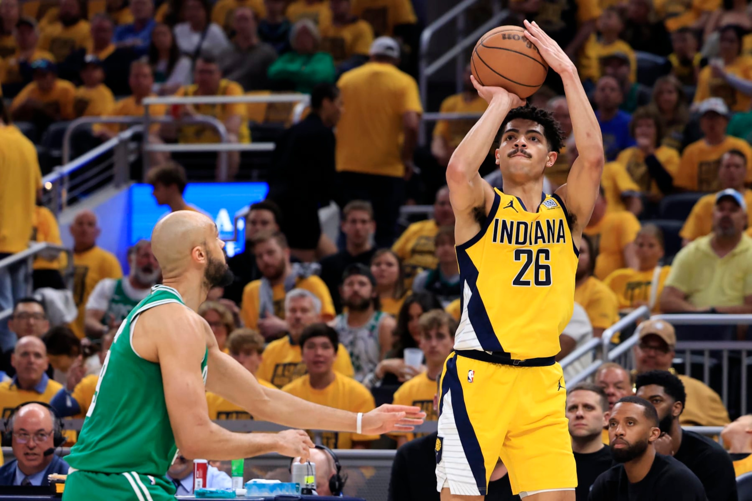 INDIANAPOLIS, INDIANA - MAY 27: Ben Sheppard #26 of the Indiana Pacers shoots over Derrick White #9 of the Boston Celtics during the third quarter in Game Four of the Eastern Conference Finals at Gainbridge Fieldhouse on May 27, 2024 in Indianapolis, Indiana. NOTE TO USER: User expressly acknowledges and agrees that, by downloading and or using this photograph, User is consenting to the terms and conditions of the Getty Images License Agreement. (Photo by Justin Casterline/Getty Images)