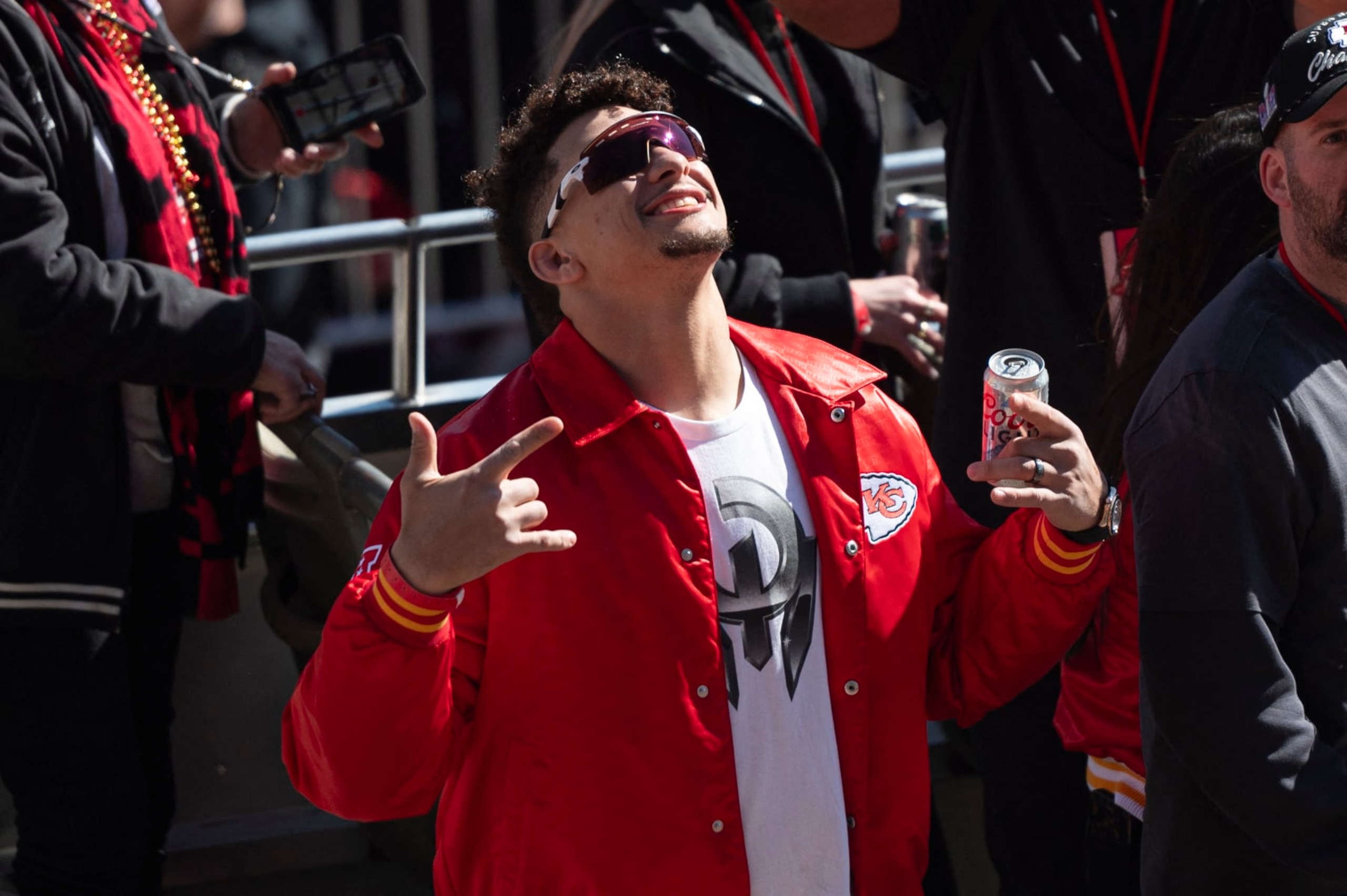 Kansas City Chiefs quarterback Patrick Mahomes celebrates during the Chiefs' Super Bowl LVIII victory parade on February 14, 2024, in Kansas City, Missouri. (Photo by Amy KONTRAS / AFP) (Photo by AMY KONTRAS/AFP via Getty Images)